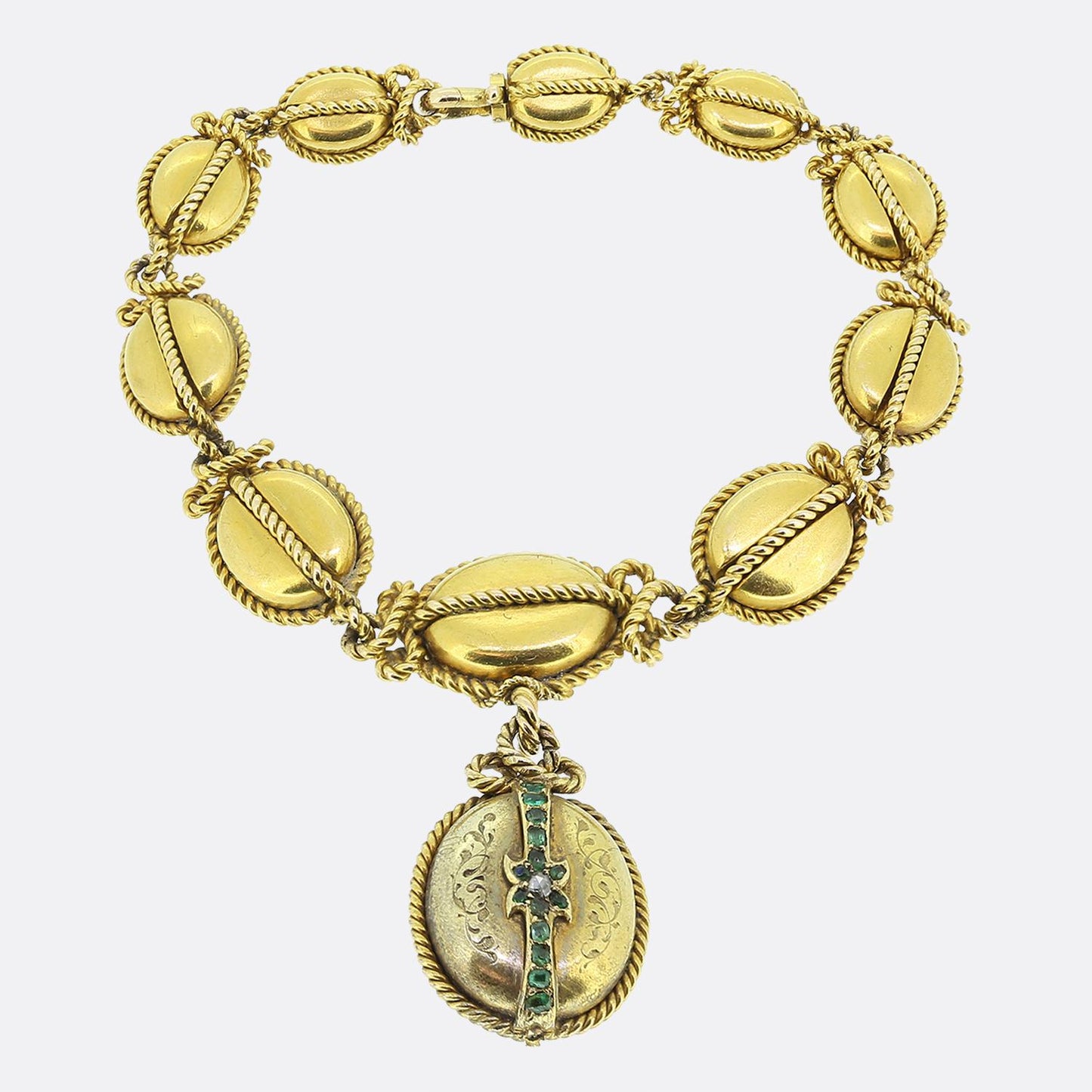 Antique Etruscan Revival Emerald and Diamond Locket Bracelet