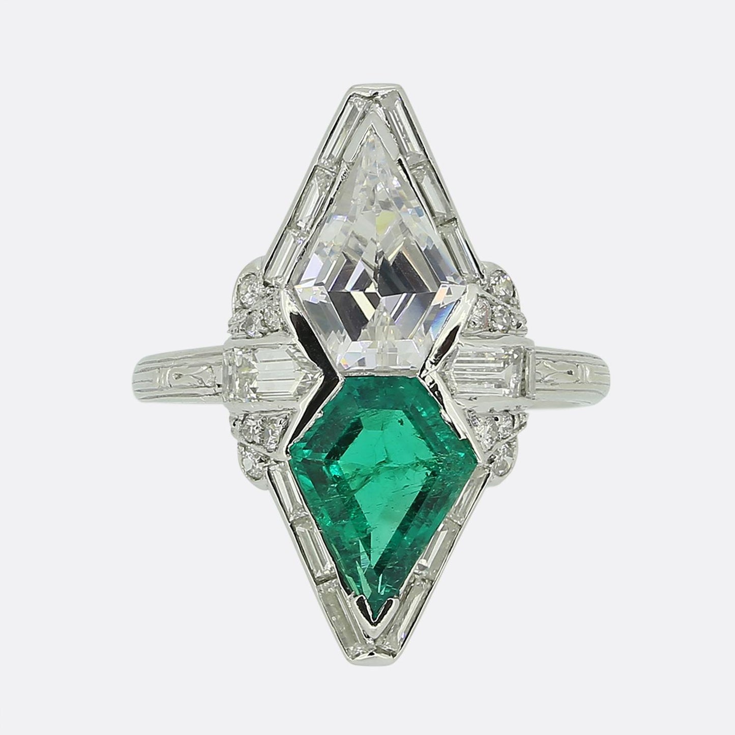 Art Deco Colombian Emerald and Shield Diamond Ring