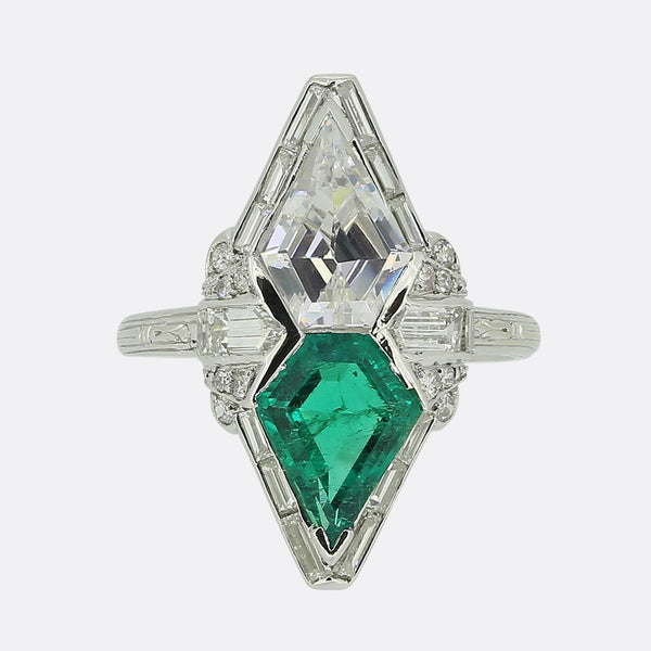 Art Deco Colombian Emerald and Shield Diamond Ring