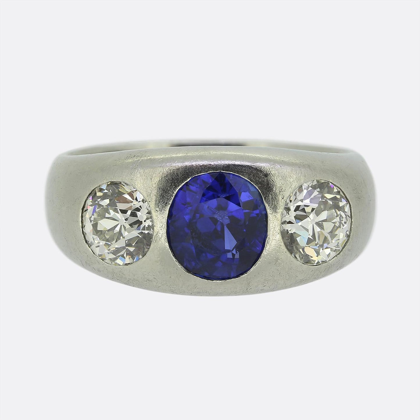 1.60 Carat Burmese Sapphire and Old Cut Diamond Three-Stone Ring