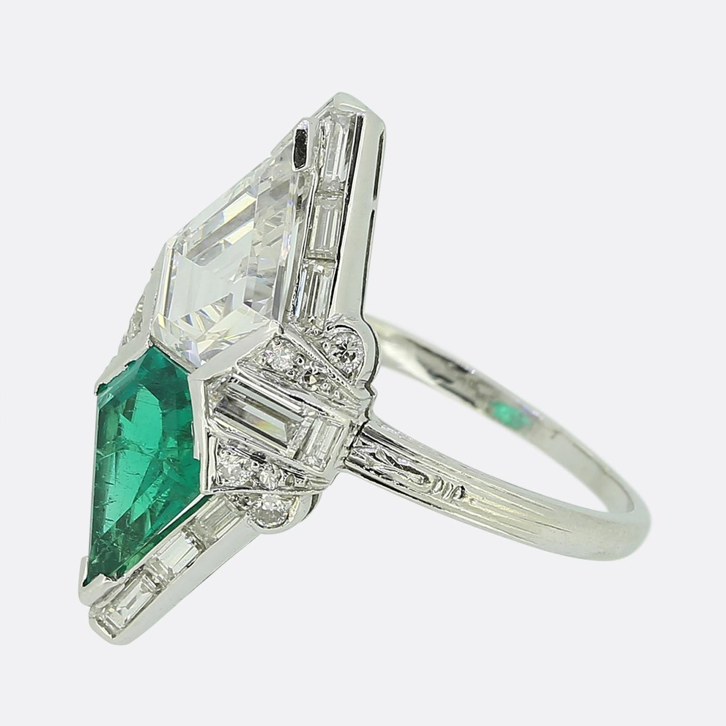 Art Deco Colombian Emerald and Shield Diamond Ring