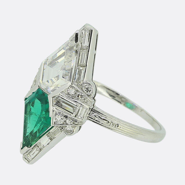 Art Deco Colombian Emerald and Shield Diamond Ring