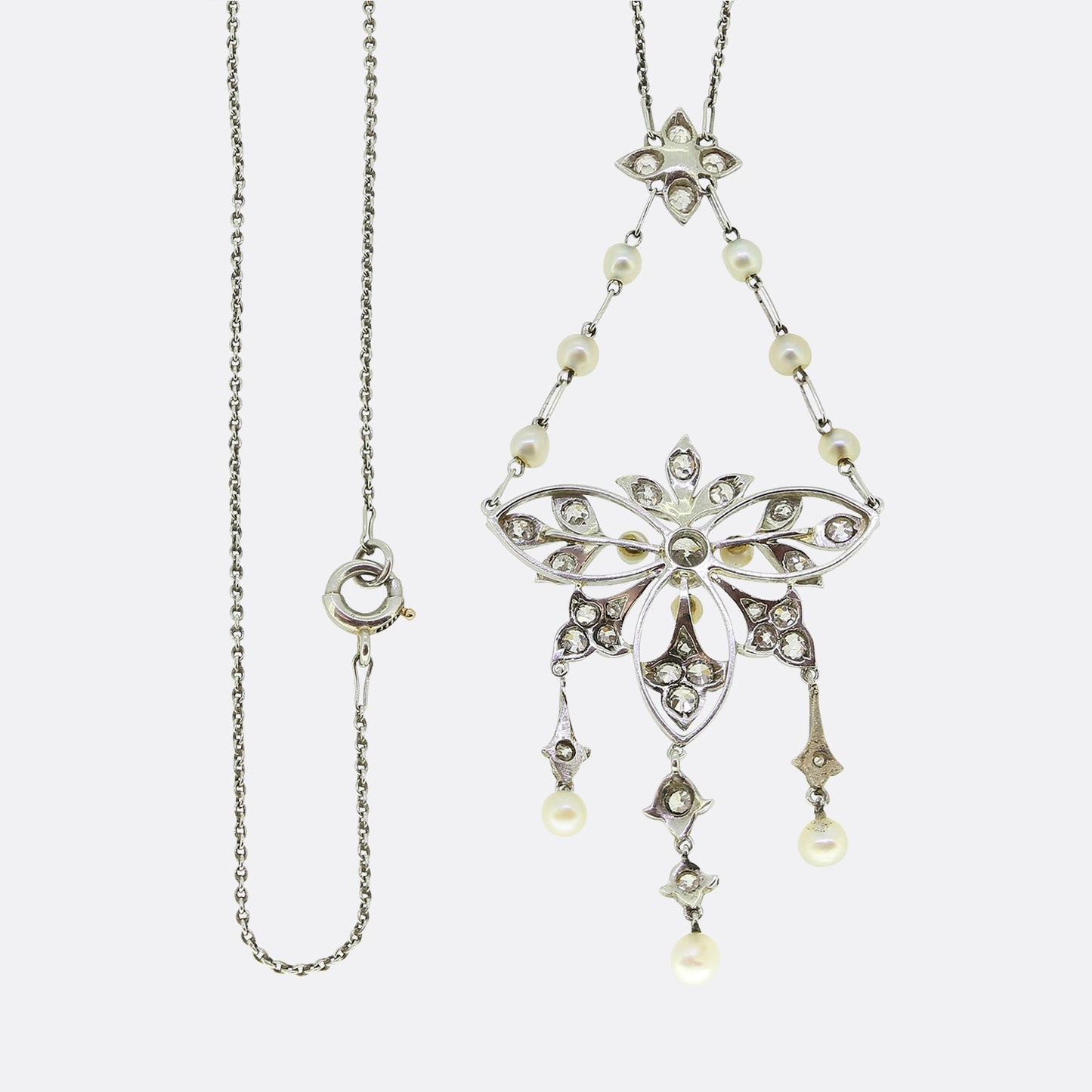 Edwardian Pearl and Diamond Lavalier Necklace