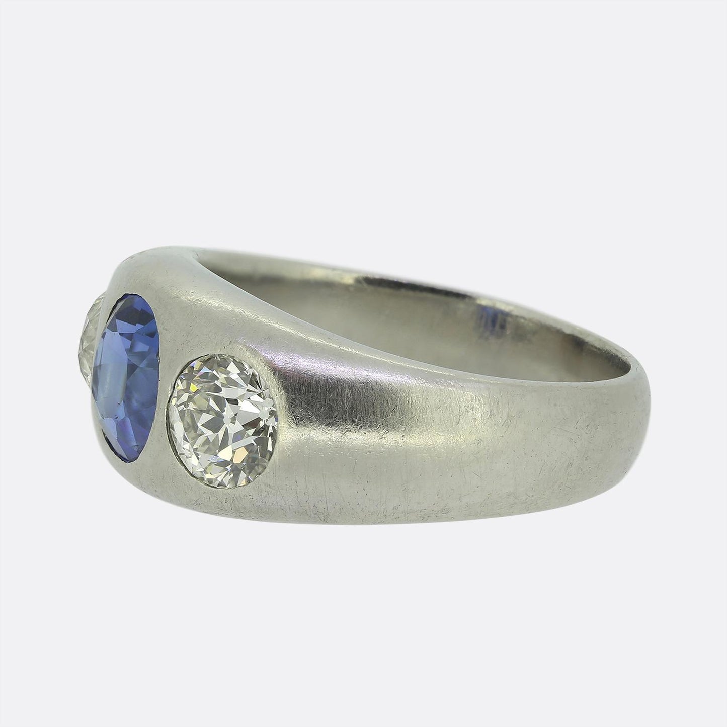 1.60 Carat Burmese Sapphire and Old Cut Diamond Three-Stone Ring