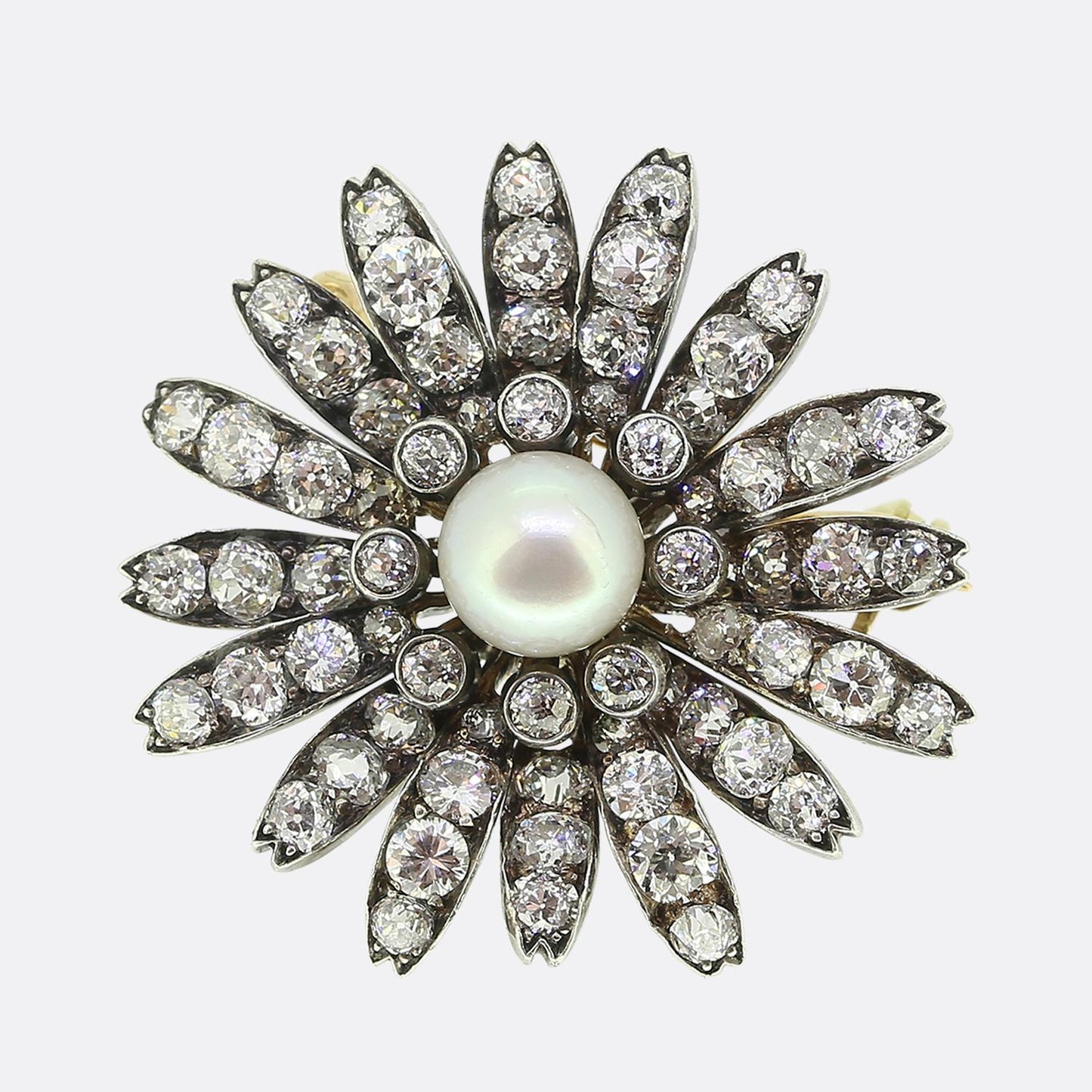 Antique Natural Pearl Diamond Flower Pendant Brooch