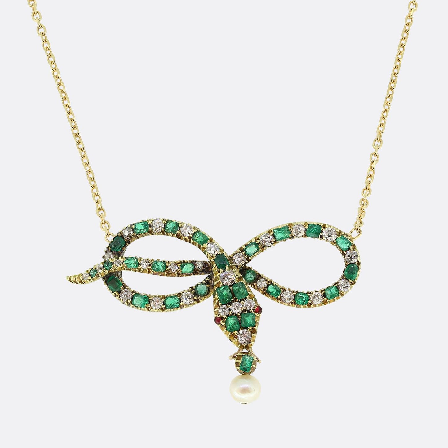 Victorian Pearl Emerald and Diamond Snake Necklace