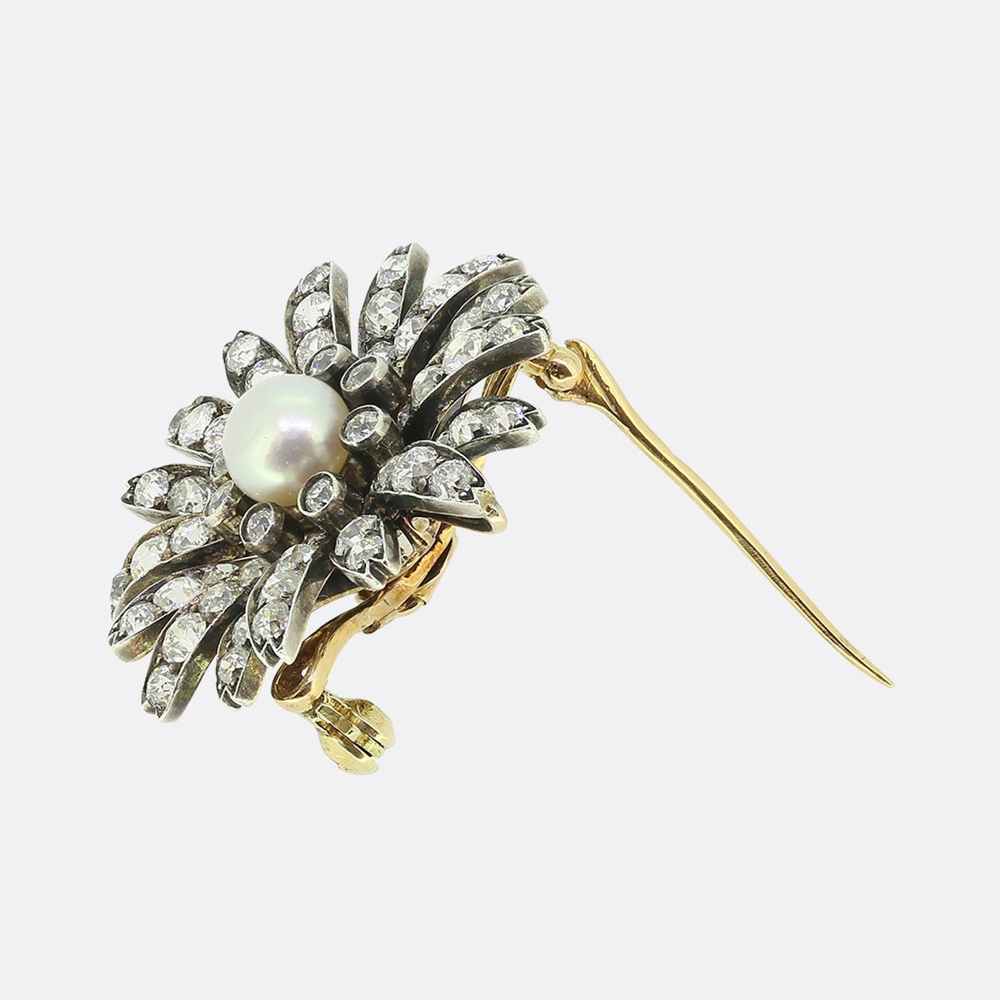 Antique Natural Pearl Diamond Flower Pendant Brooch