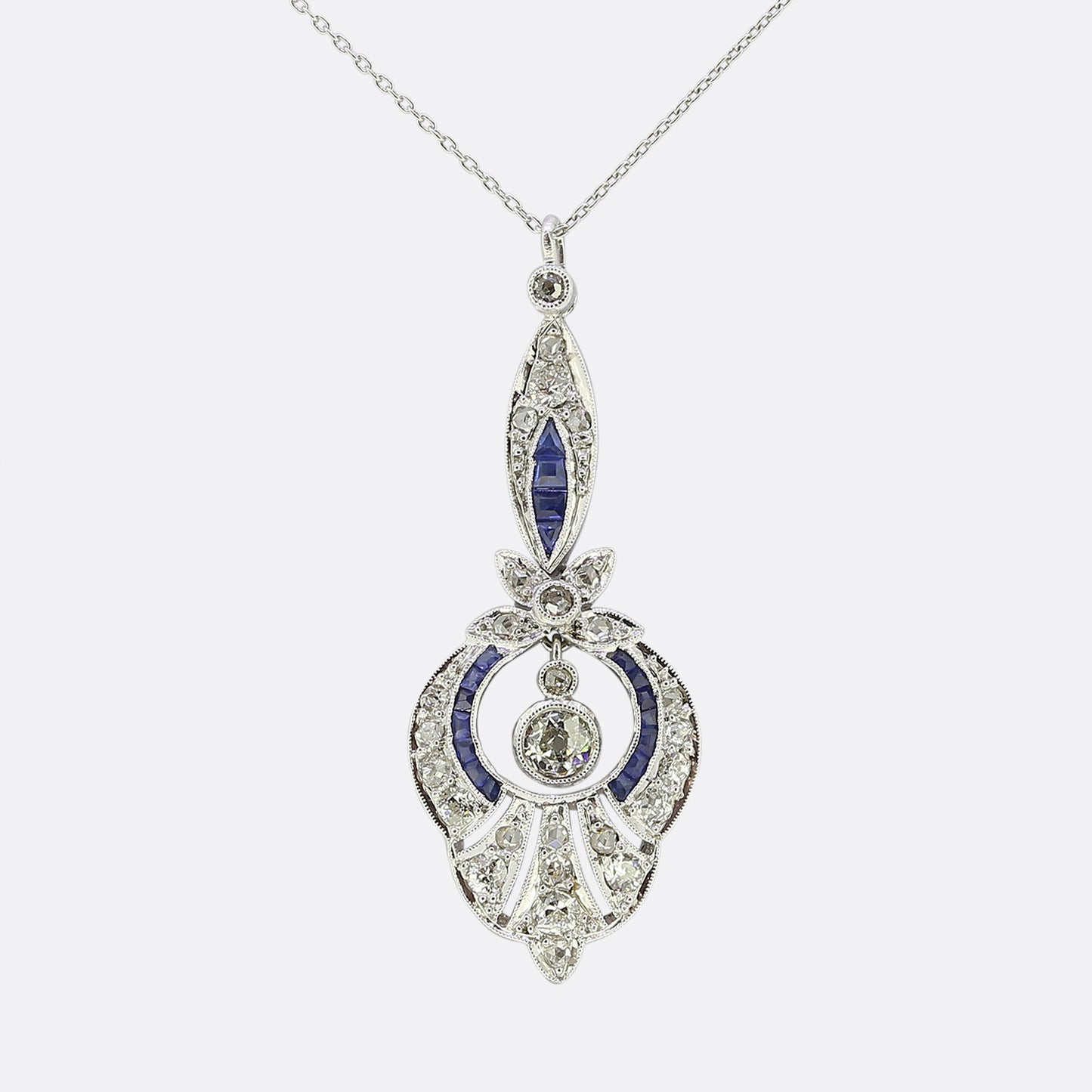 Art Deco Sapphire and Diamond Drop Pendant Necklace