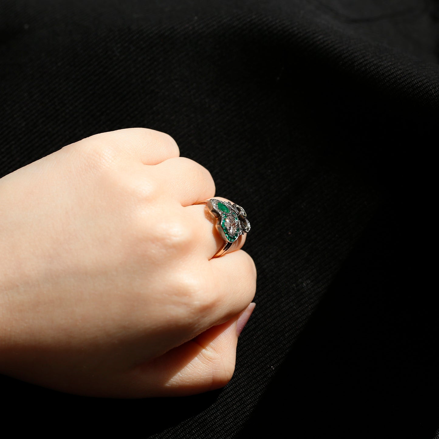 Victorian Emerald and Diamond Double Heart Ring