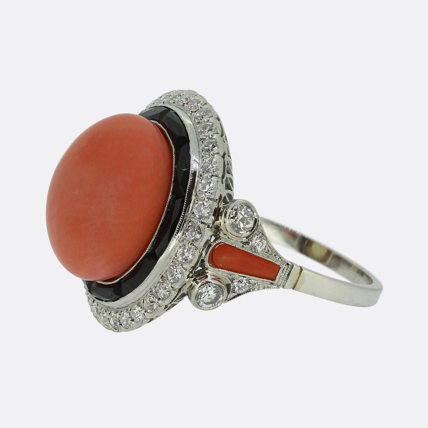 Art Deco Style Coral Onyx and Diamond Ring