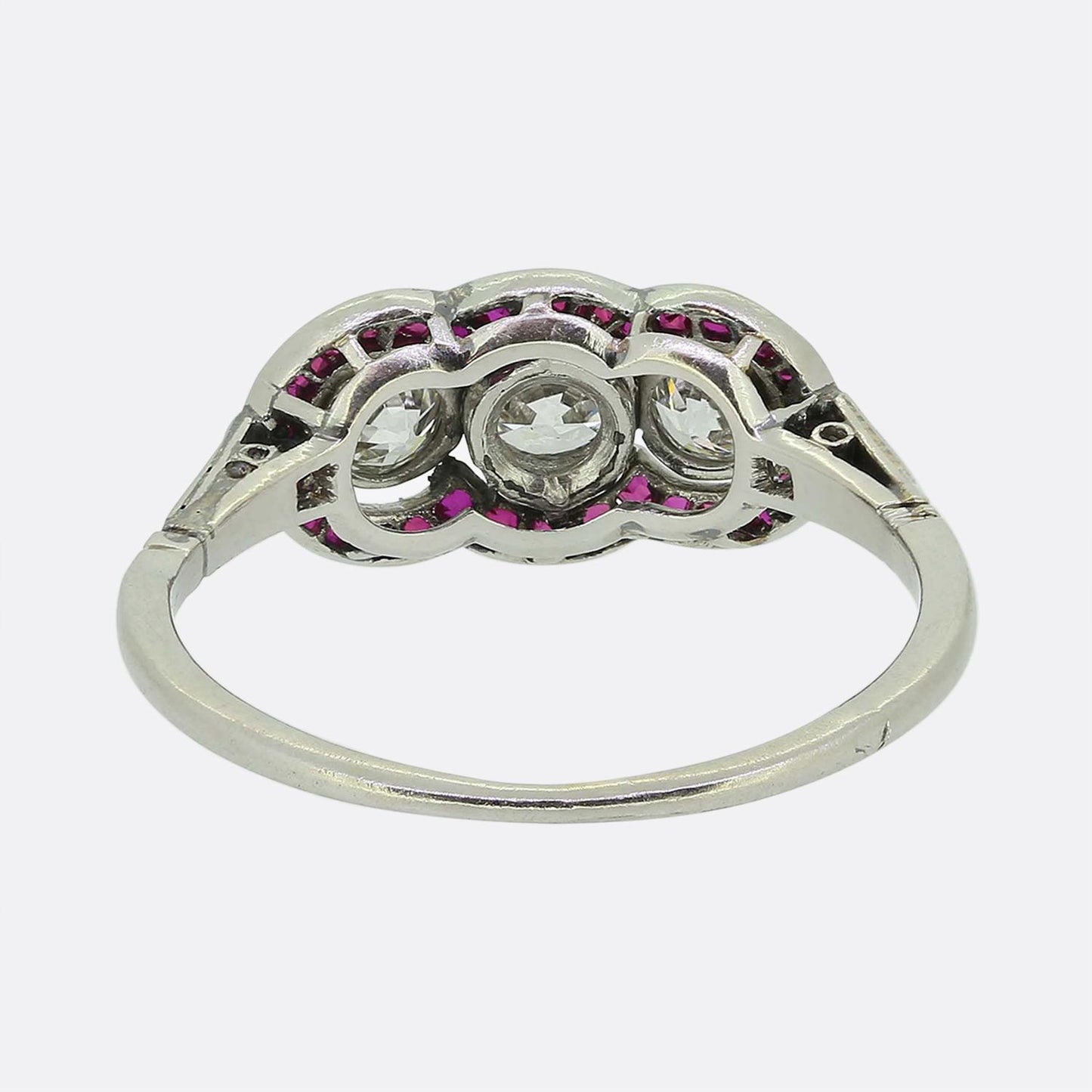 French Art Deco Three-Stone Diamond and Ruby Ring