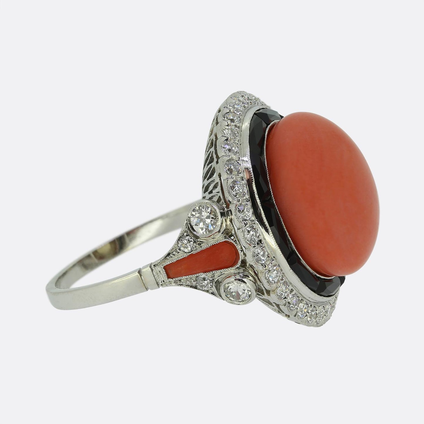 Art Deco Style Coral Onyx and Diamond Ring