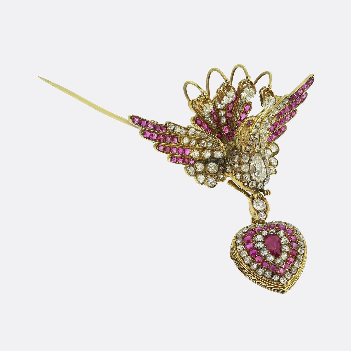 Victorian Ruby and Diamond Treblant Bird Brooch and Heart Locket