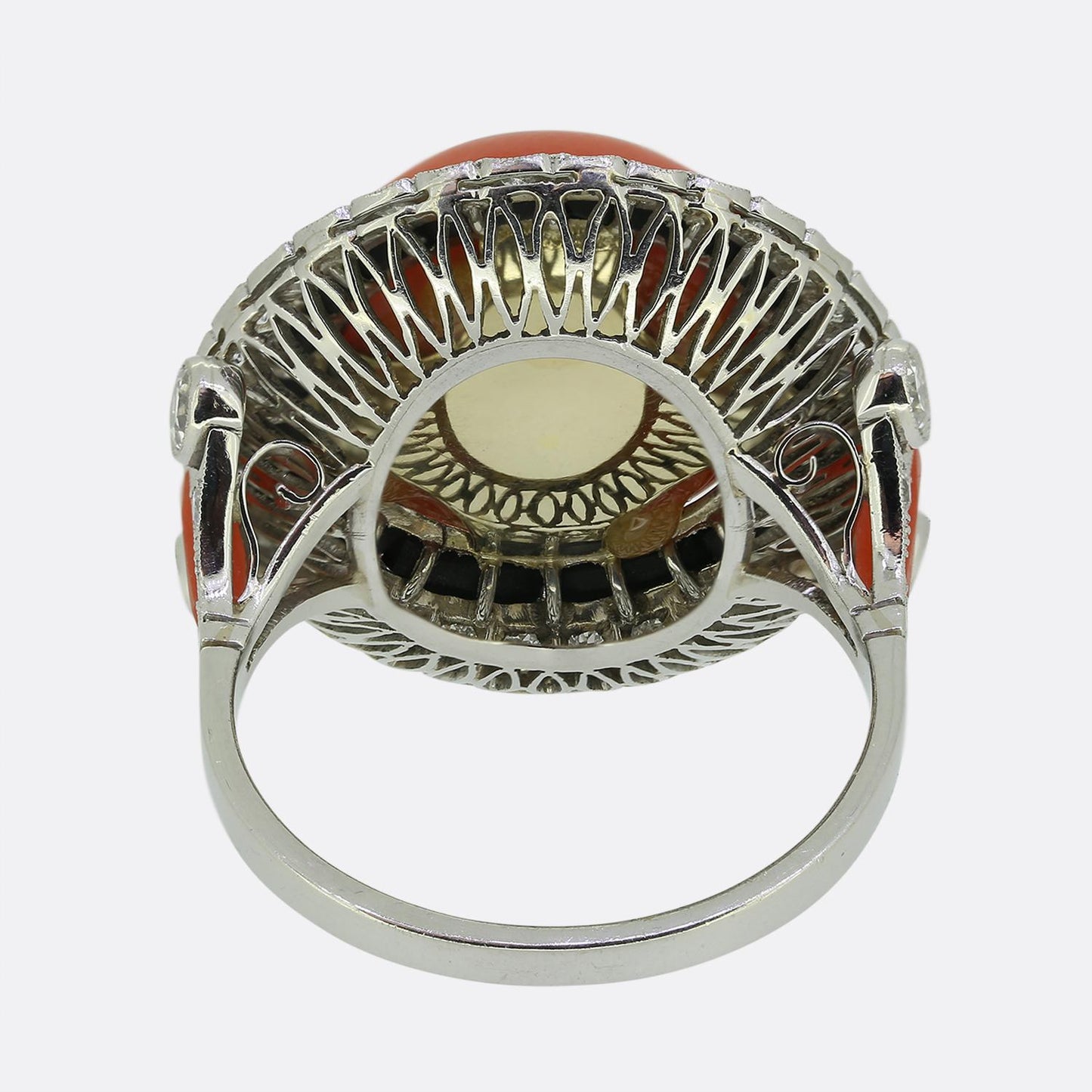 Art Deco Style Coral Onyx and Diamond Ring