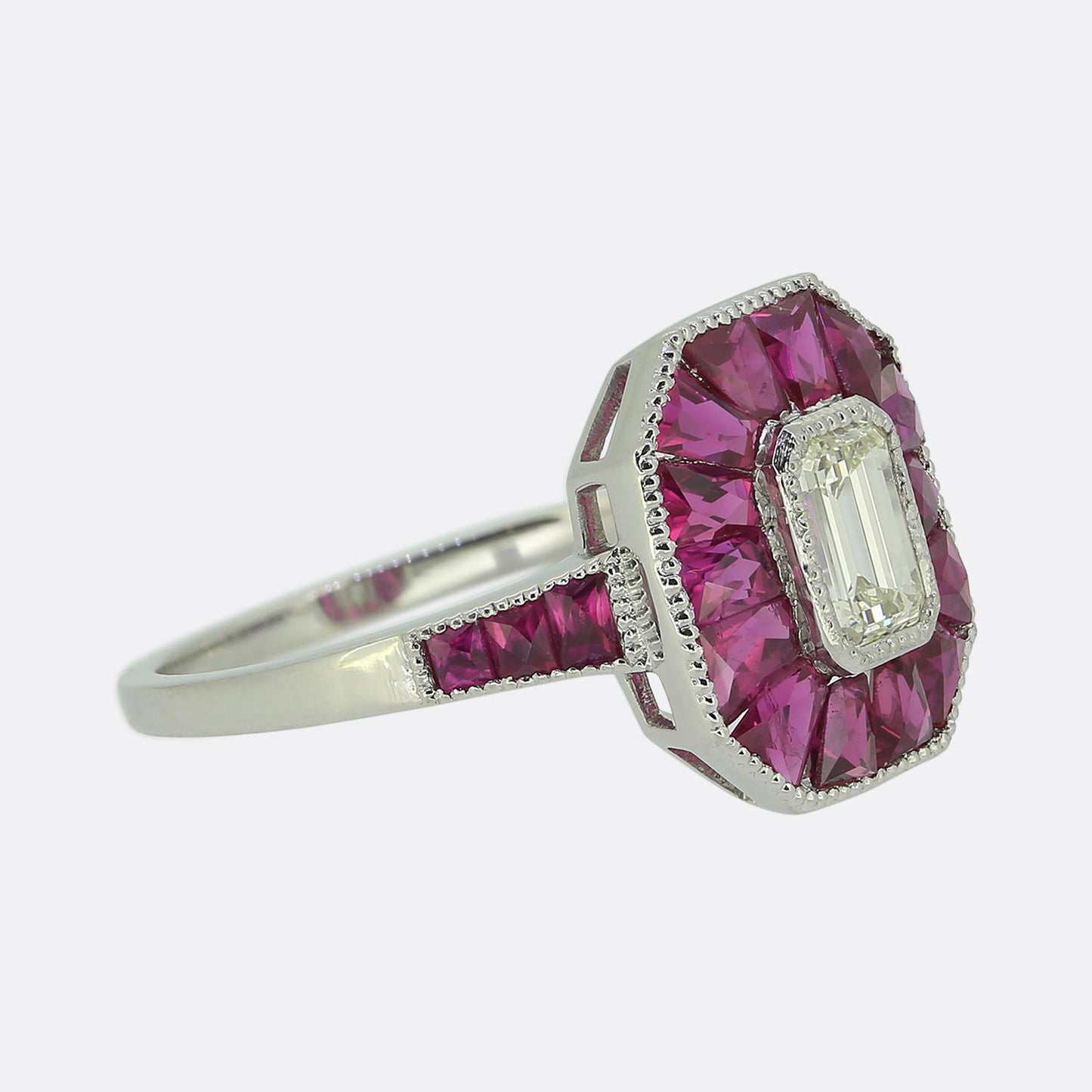 Art Deco Style 0.45 Carat Emerald Cut Diamond and Ruby Ring
