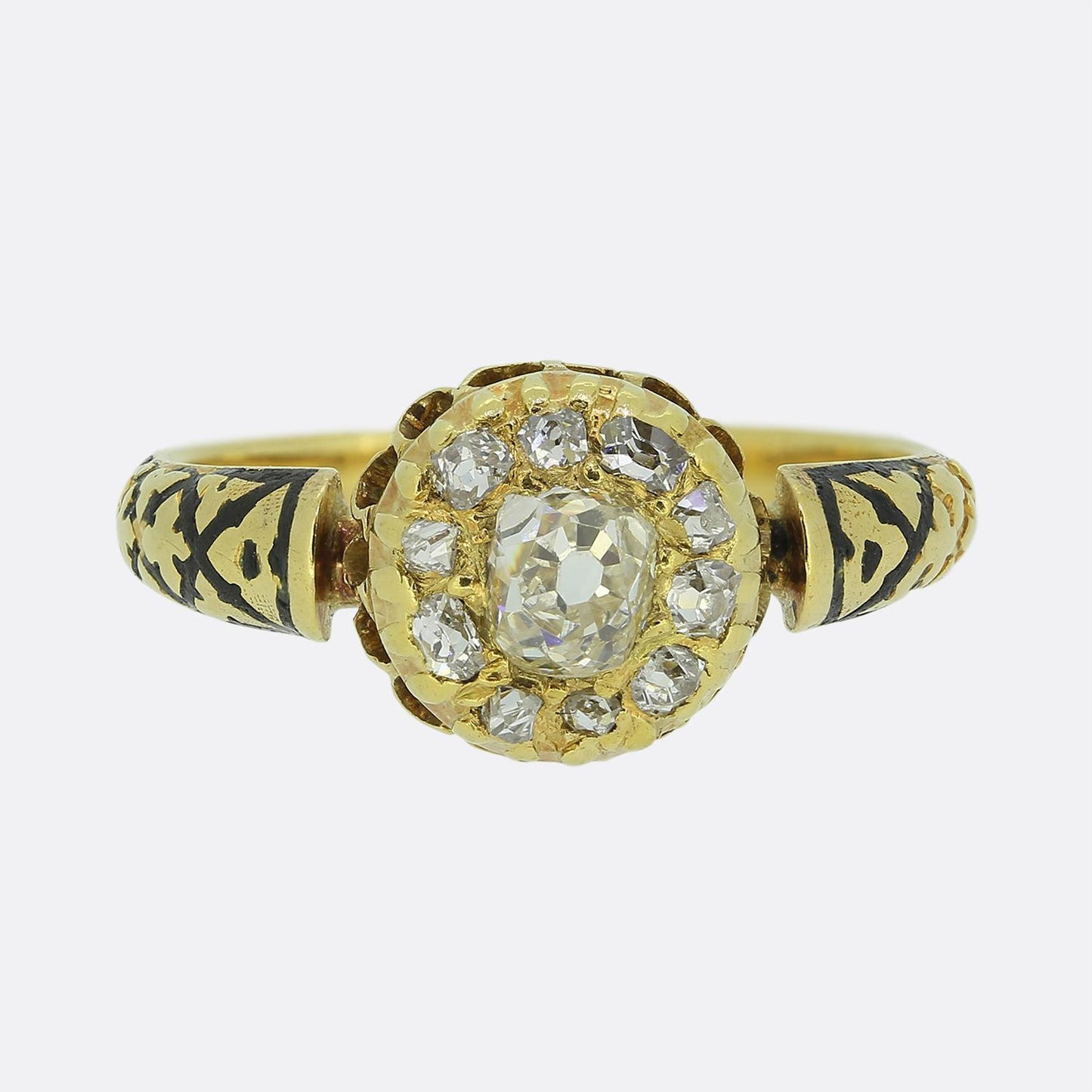 Victorian Old Cut Diamond Cluster and Enamel Ring