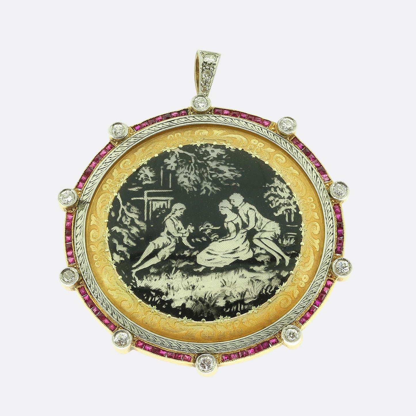 Art Deco Ruby Diamond and Enamel Pendant Brooch