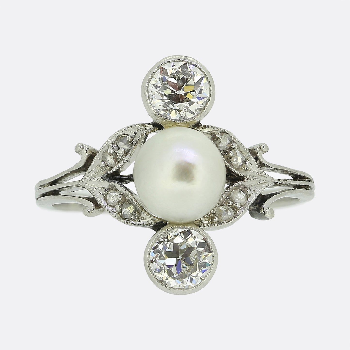 Edwardian Three-Stone Pearl and Diamond Ring