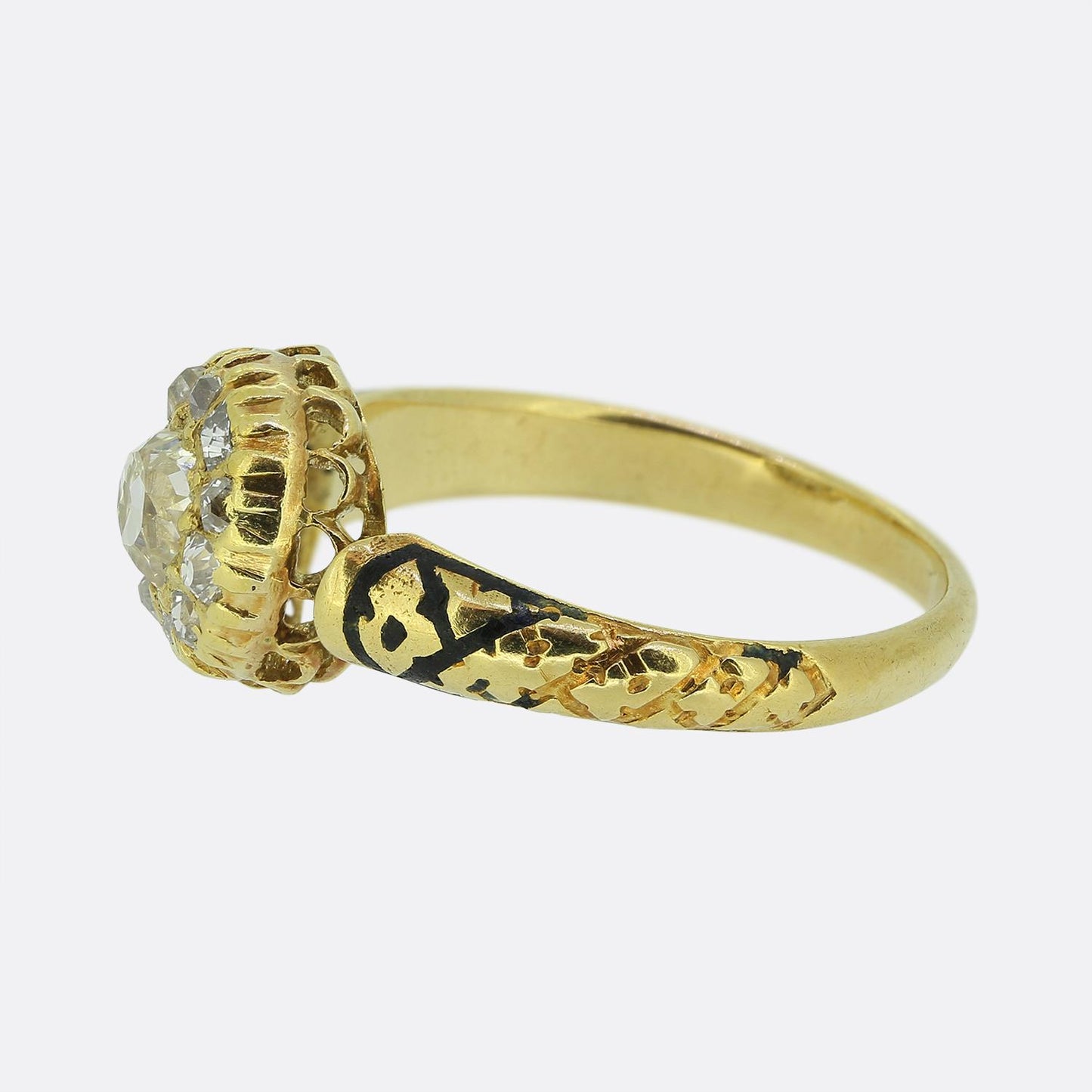 Victorian Old Cut Diamond Cluster and Enamel Ring