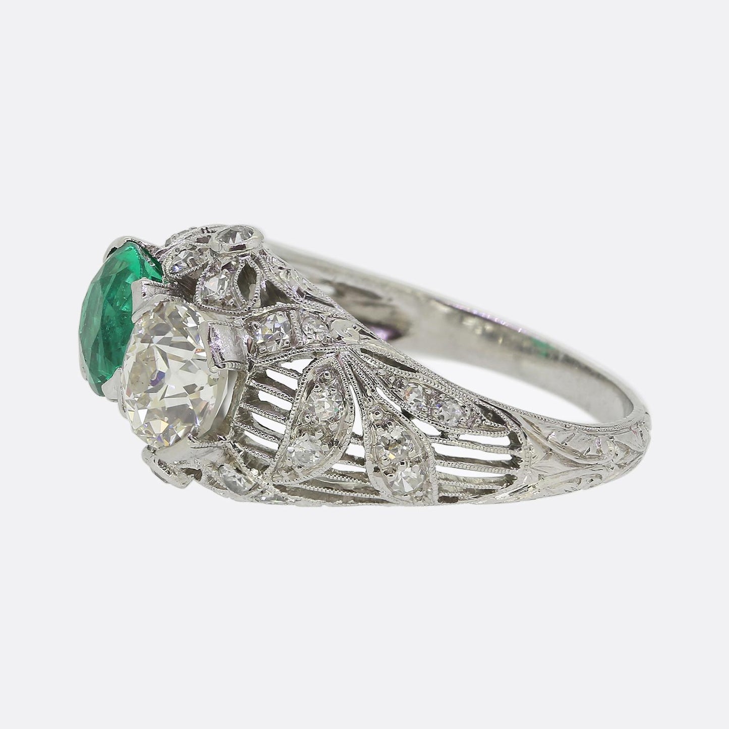 Art Deco Emerald and Diamond Two-Stone Filigree Ring