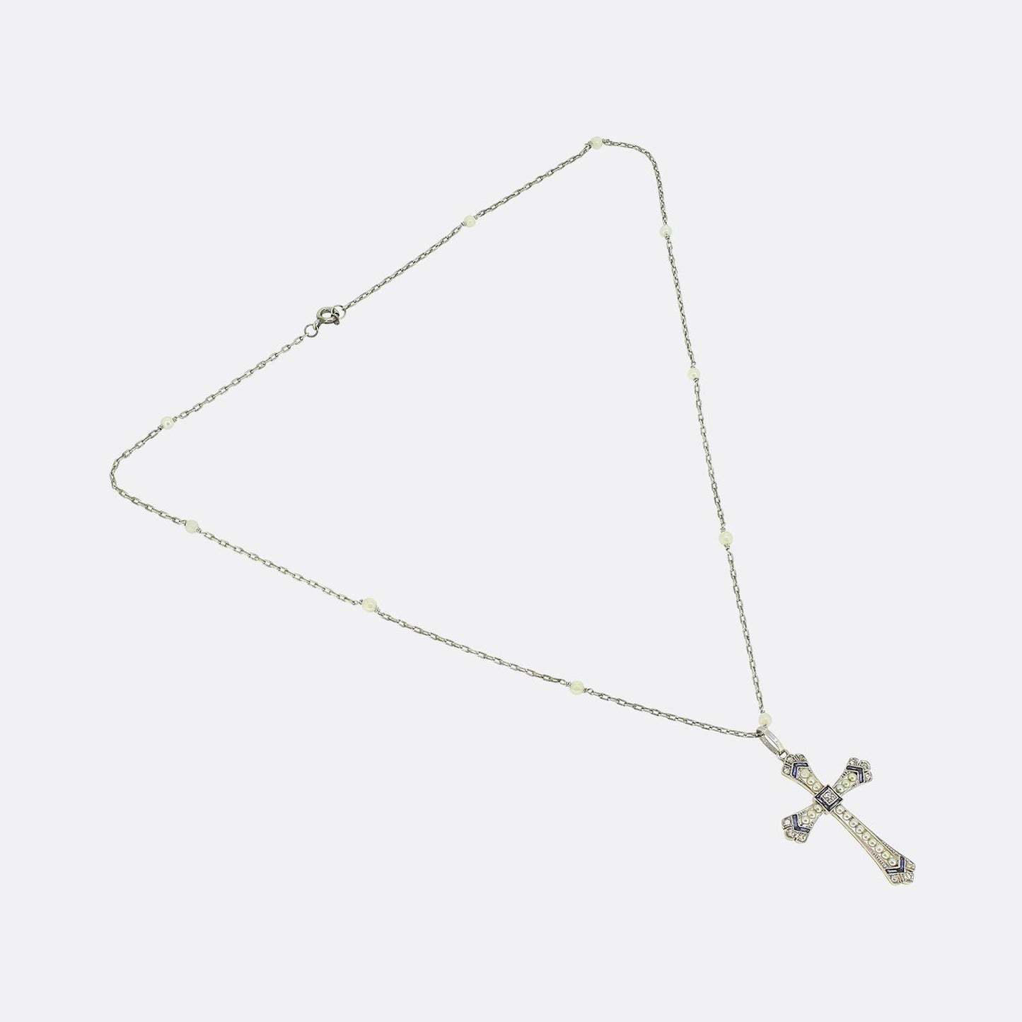 Art Deco Pearl Sapphire and Diamond Cross Pendant Necklace
