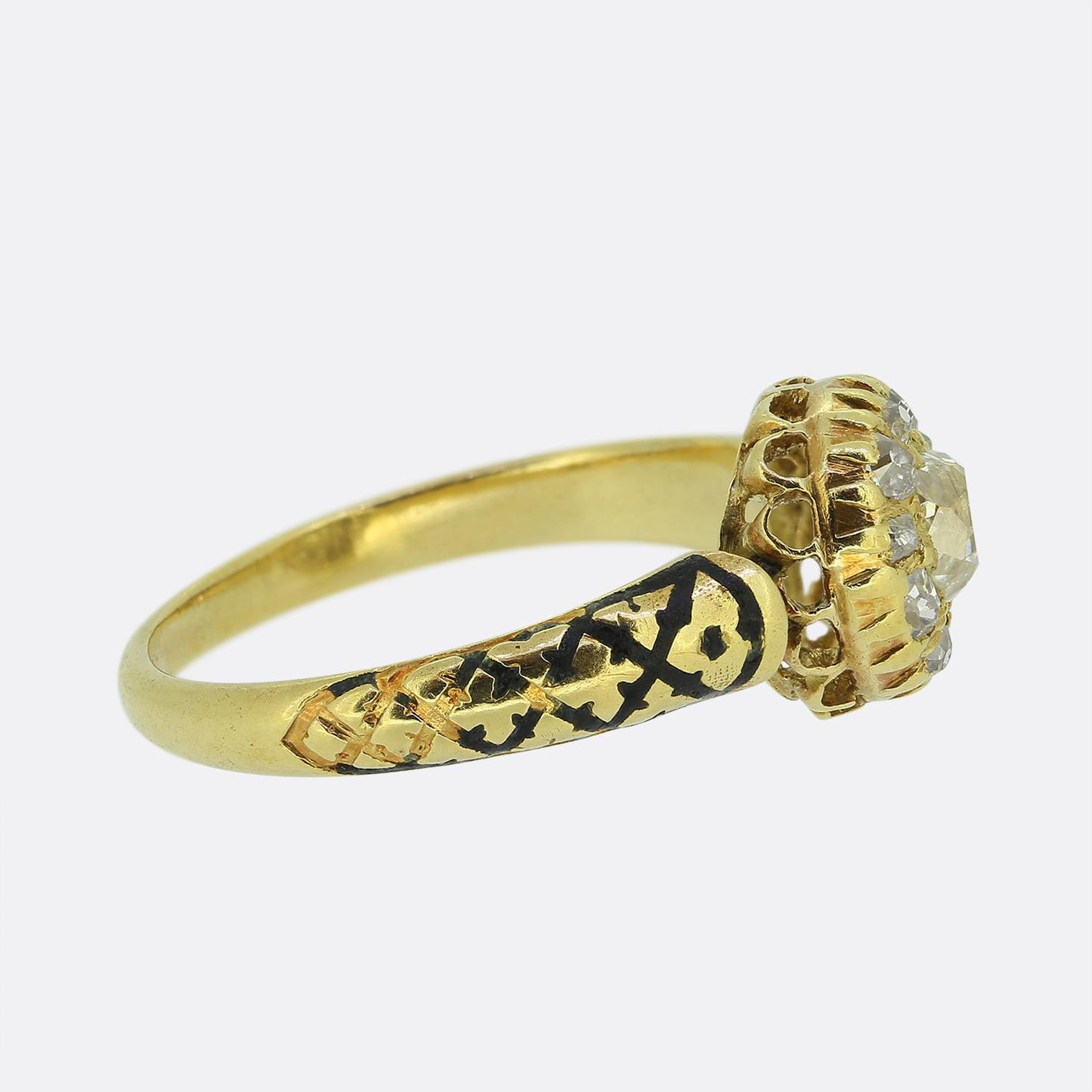 Victorian Old Cut Diamond Cluster and Enamel Ring