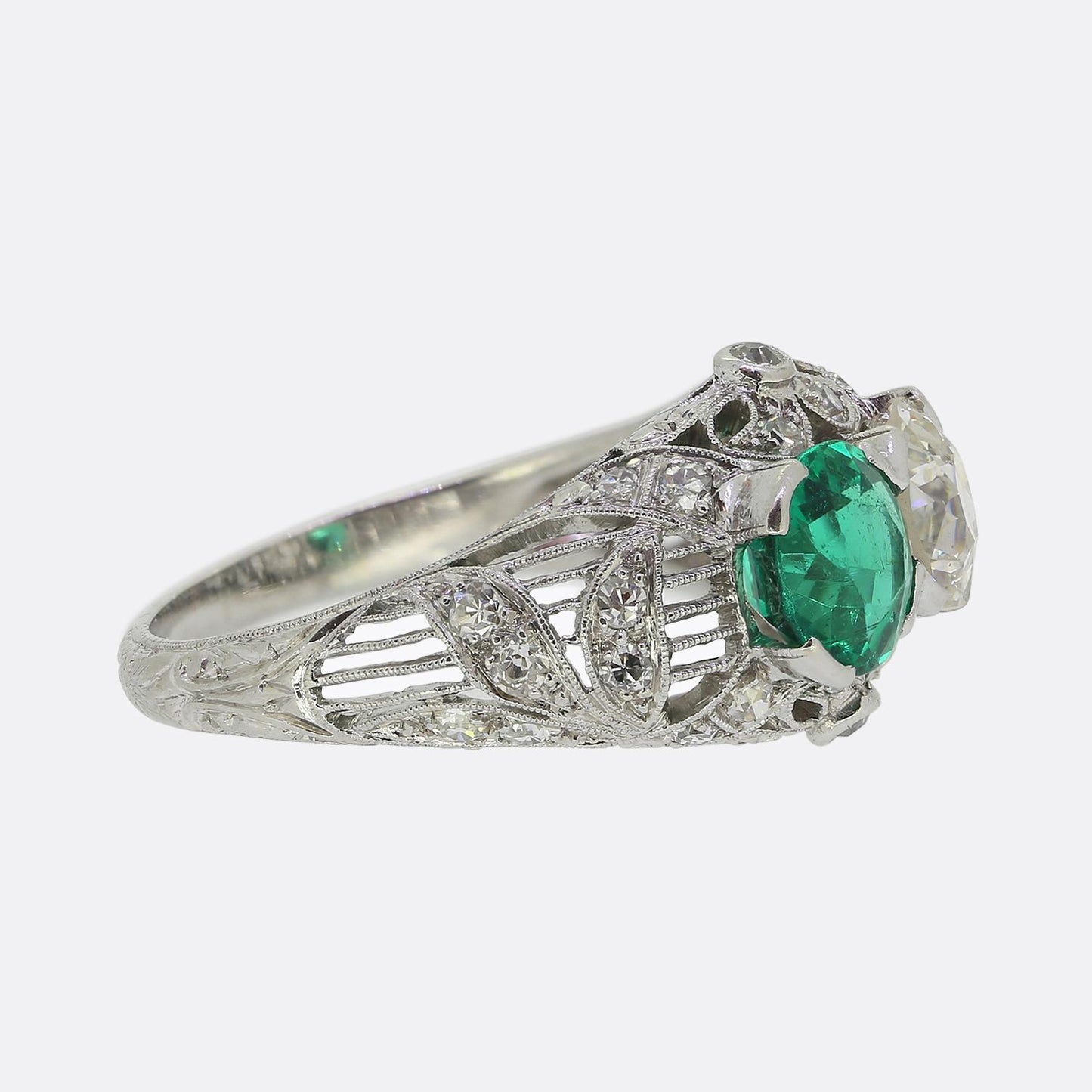 Art Deco Emerald and Diamond Two-Stone Filigree Ring