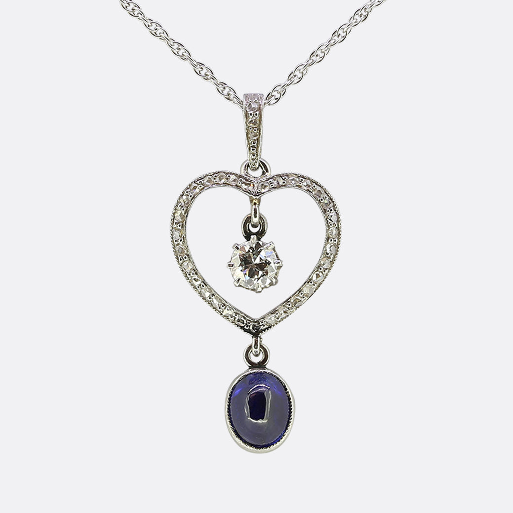 Art Deco Sapphire and Diamond Heart Pendant Necklace