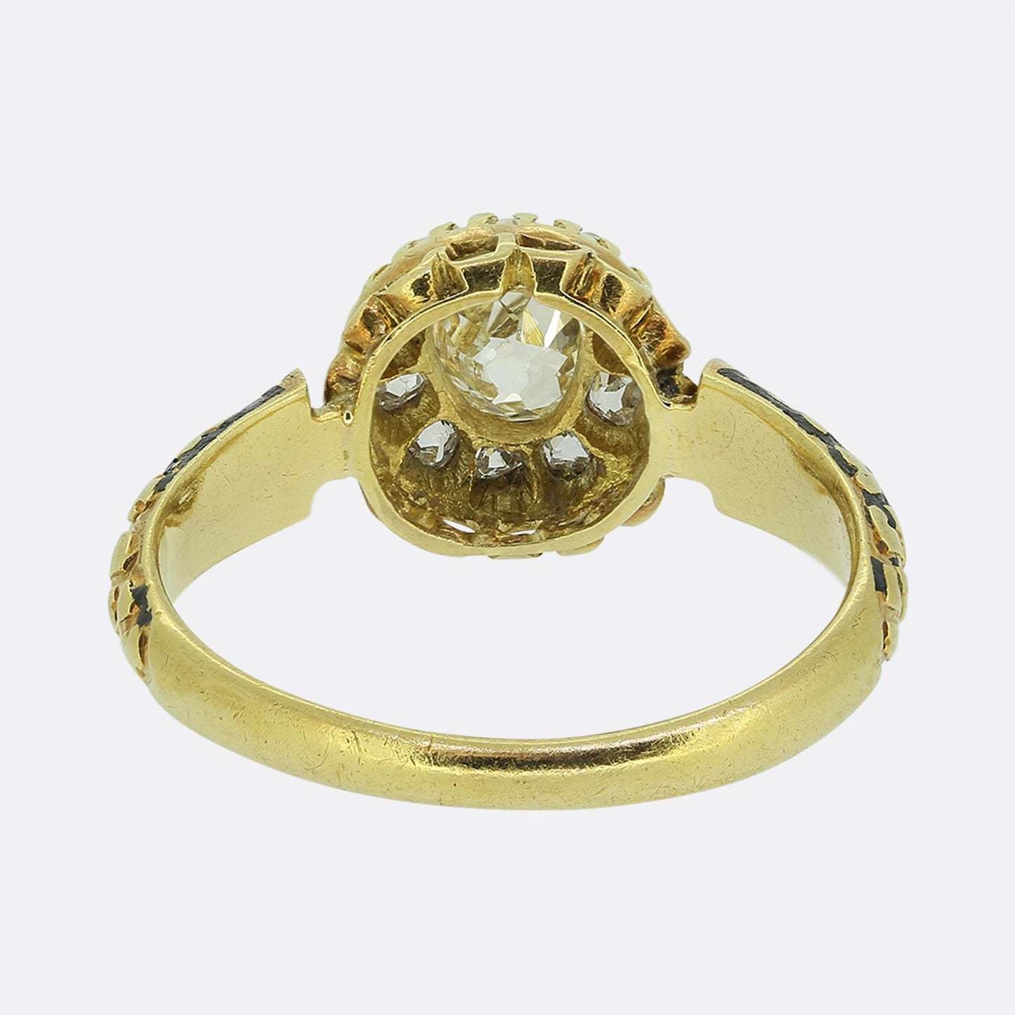 Victorian Old Cut Diamond Cluster and Enamel Ring