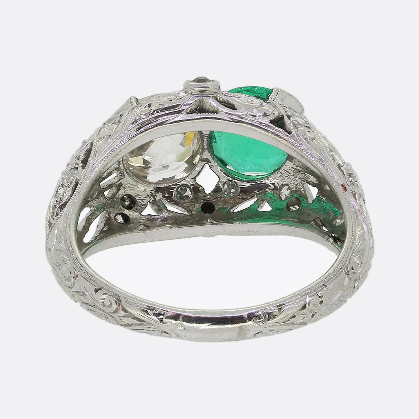 Art Deco Emerald and Diamond Two-Stone Filigree Ring