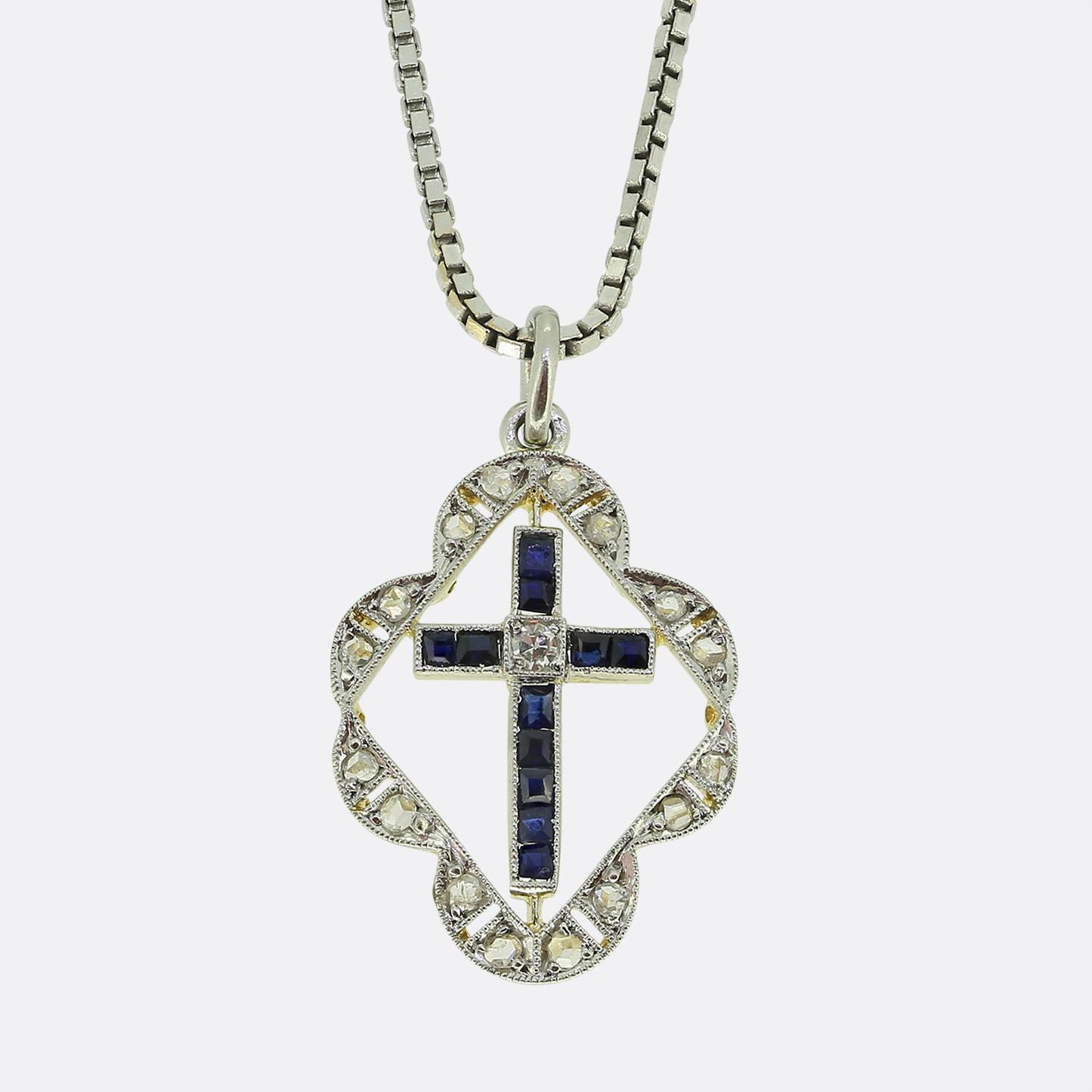 Art Deco Sapphire and Diamond Cross Pendant Necklace