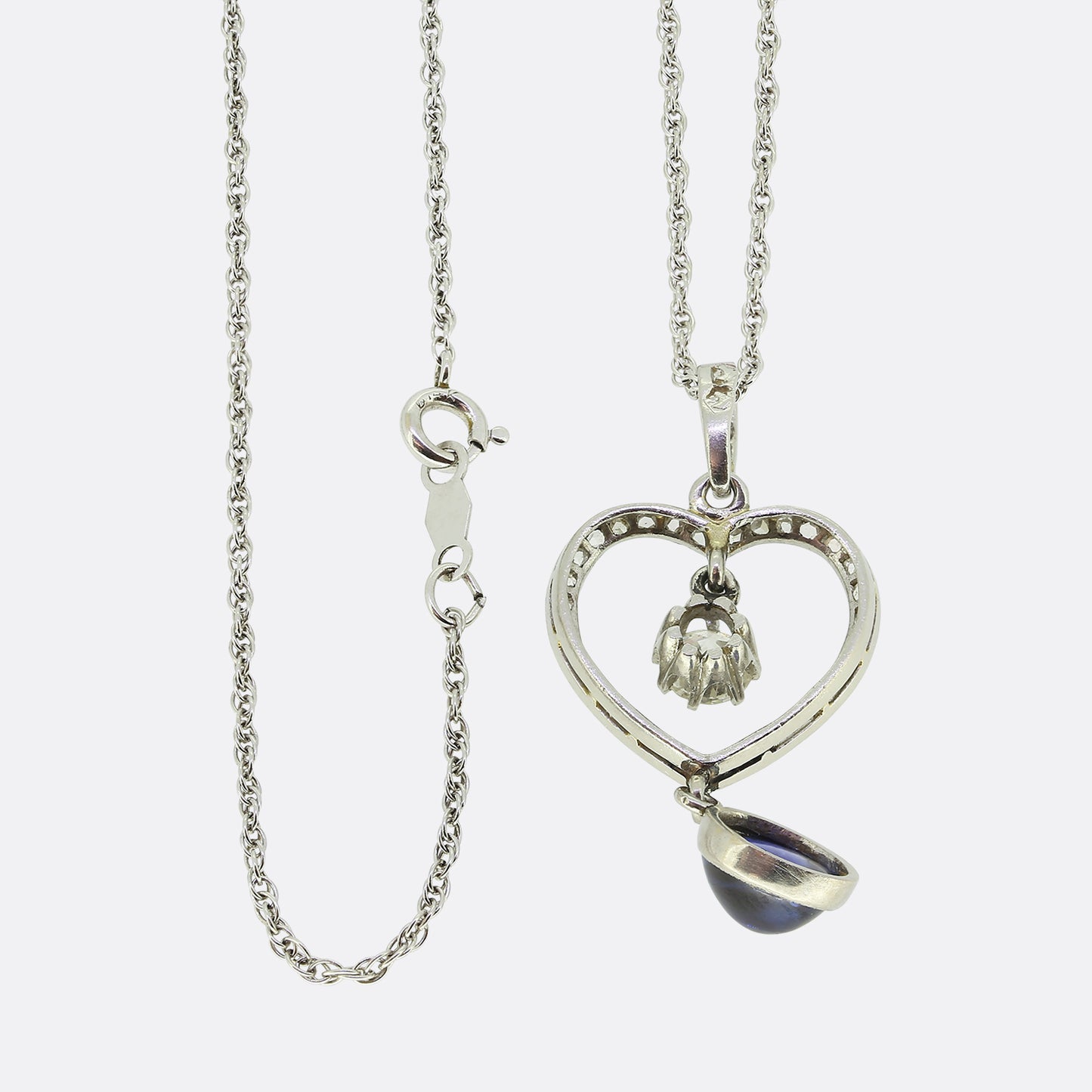 Art Deco Sapphire and Diamond Heart Pendant Necklace