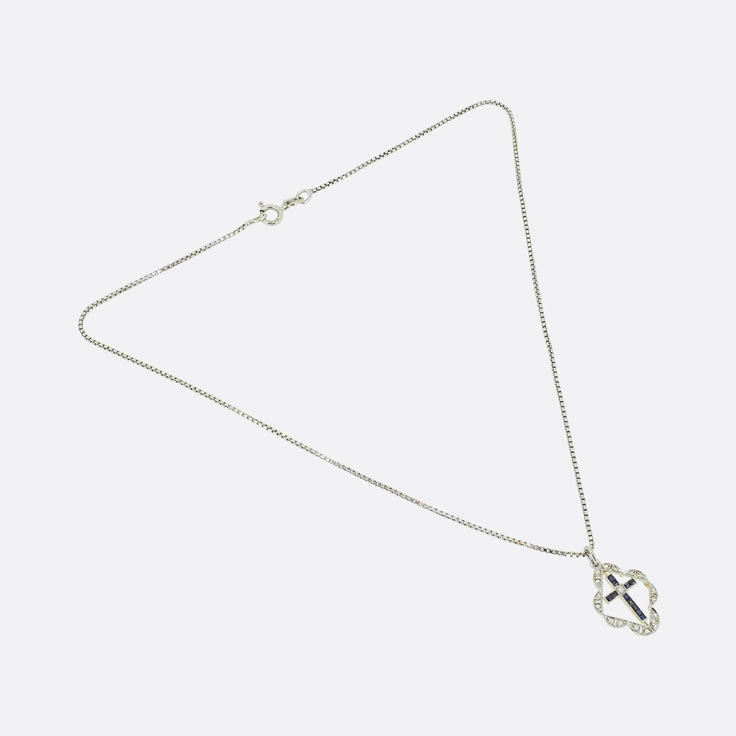 Art Deco Sapphire and Diamond Cross Pendant Necklace