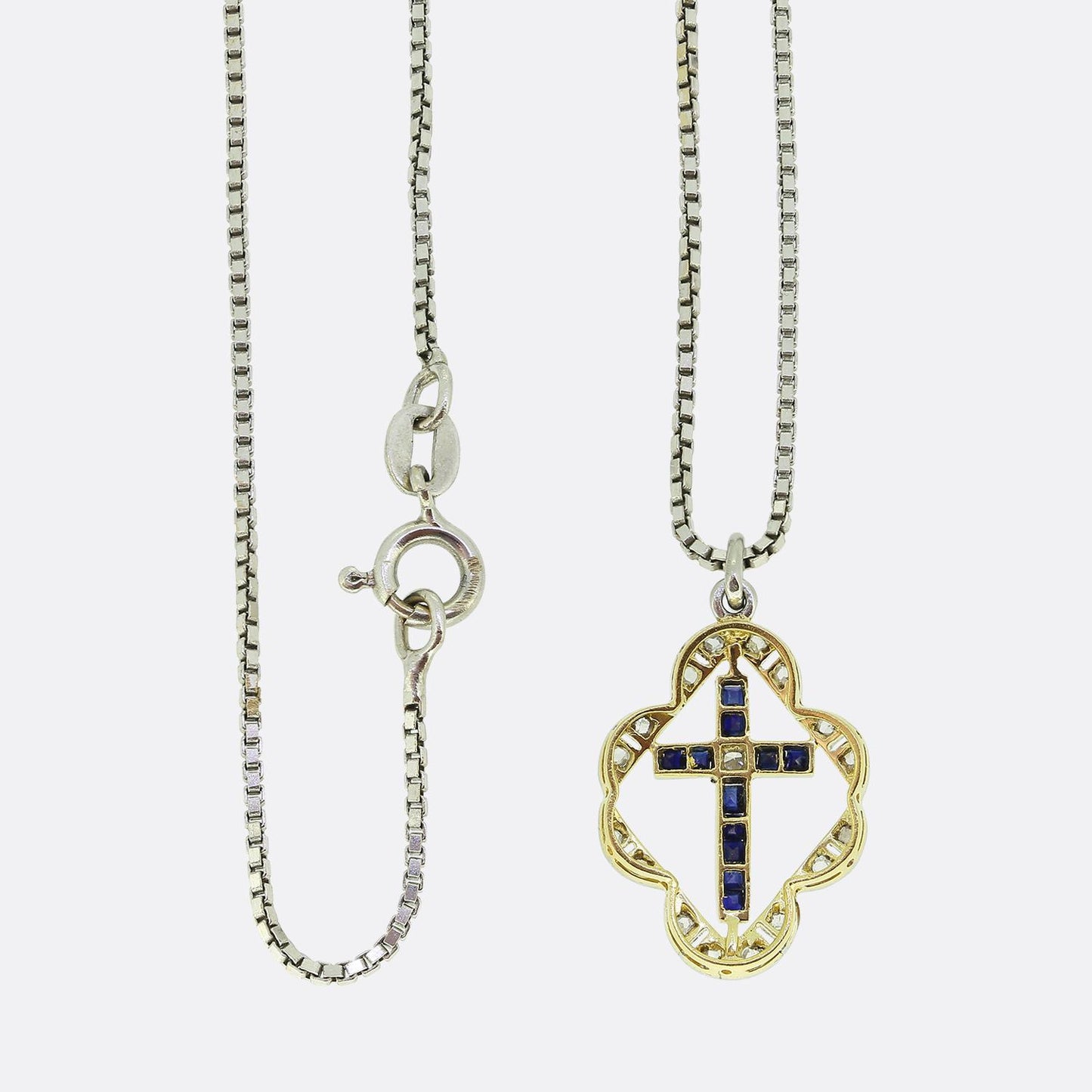 Art Deco Sapphire and Diamond Cross Pendant Necklace