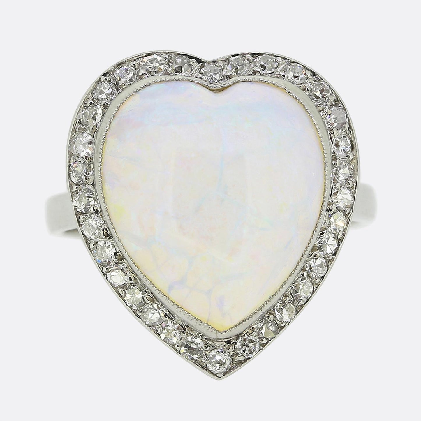 French Art Deco Heart Opal and Diamond Cluster Ring
