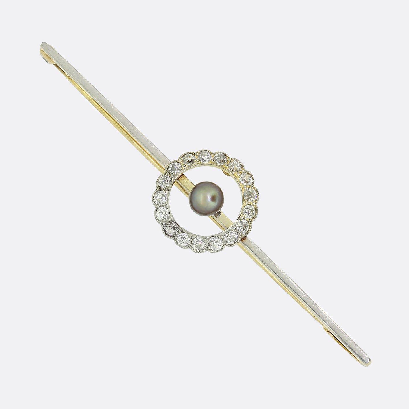 Edwardian Black Pearl and Diamond Bar Brooch