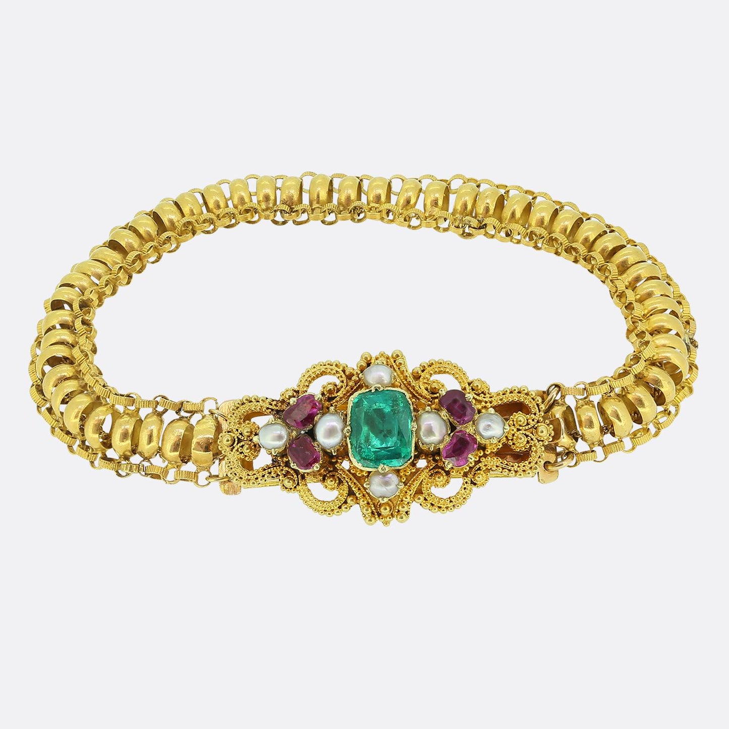 Georgian Emerald Pearl and Ruby Bracelet