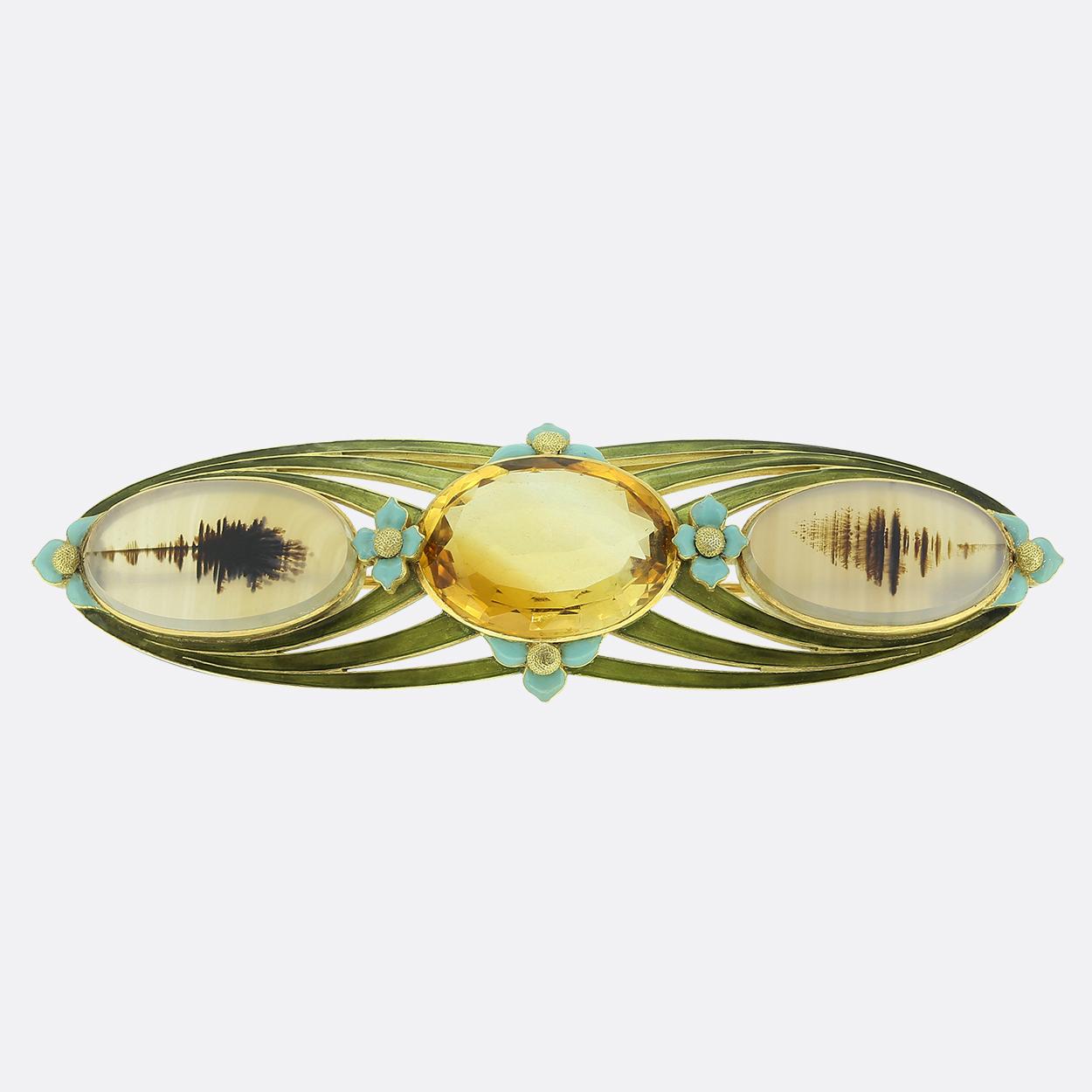 Art Nouveau Citrine Agate and Enamel Brooch