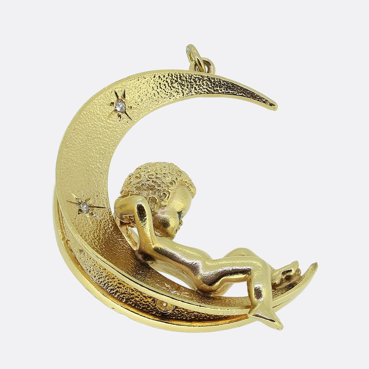 Vintage Boy on the Moon Sapphire and Diamond Crescent Pendant