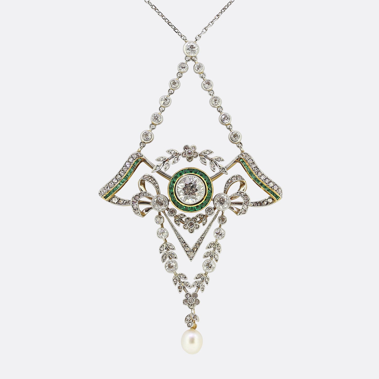 Art Deco Emerald Pearl and Diamond Lavalier Necklace