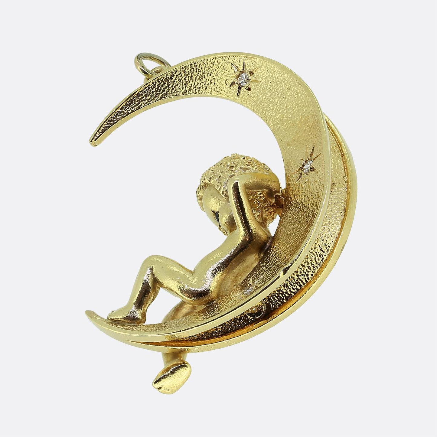 Vintage Boy on the Moon Sapphire and Diamond Crescent Pendant