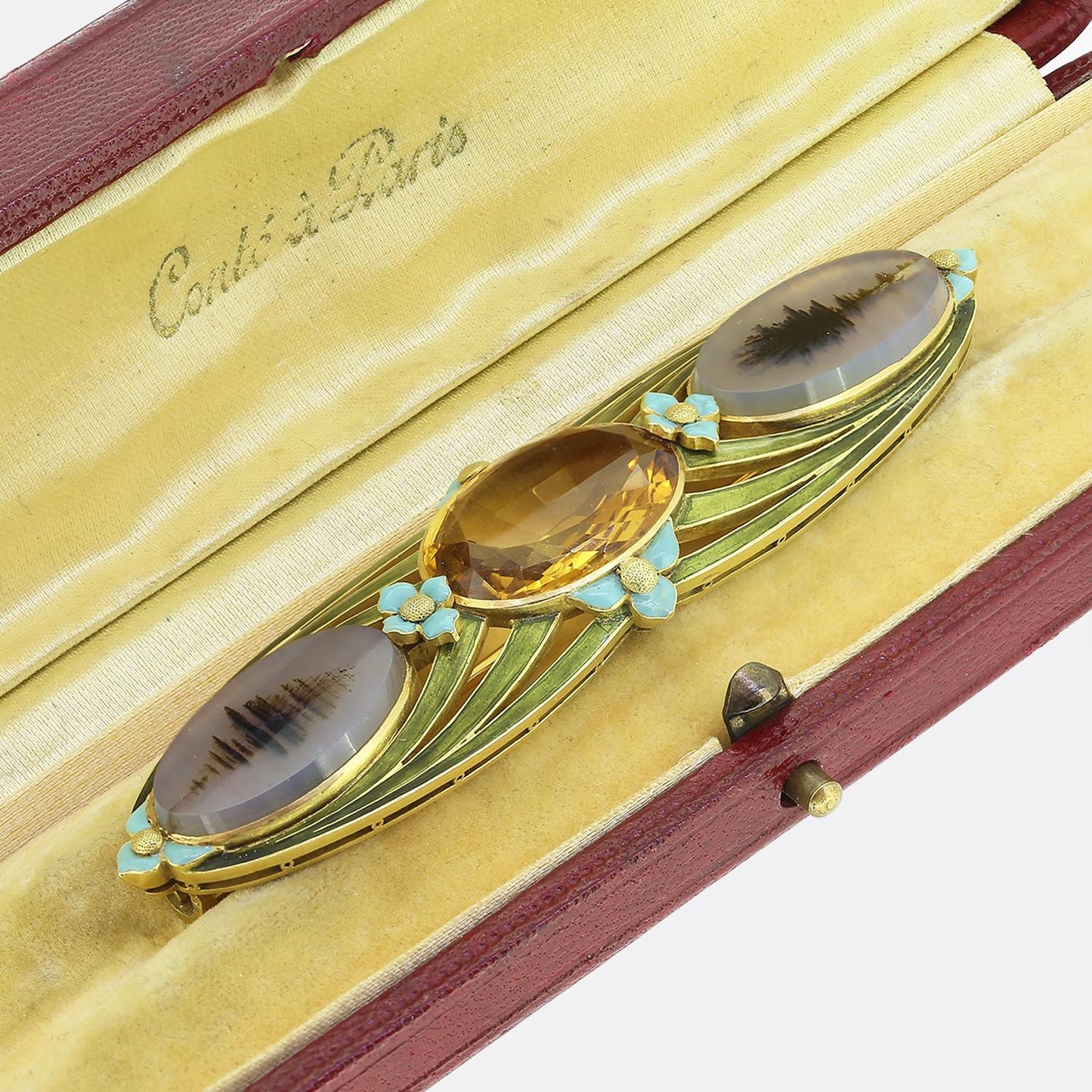 Art Nouveau Citrine Agate and Enamel Brooch