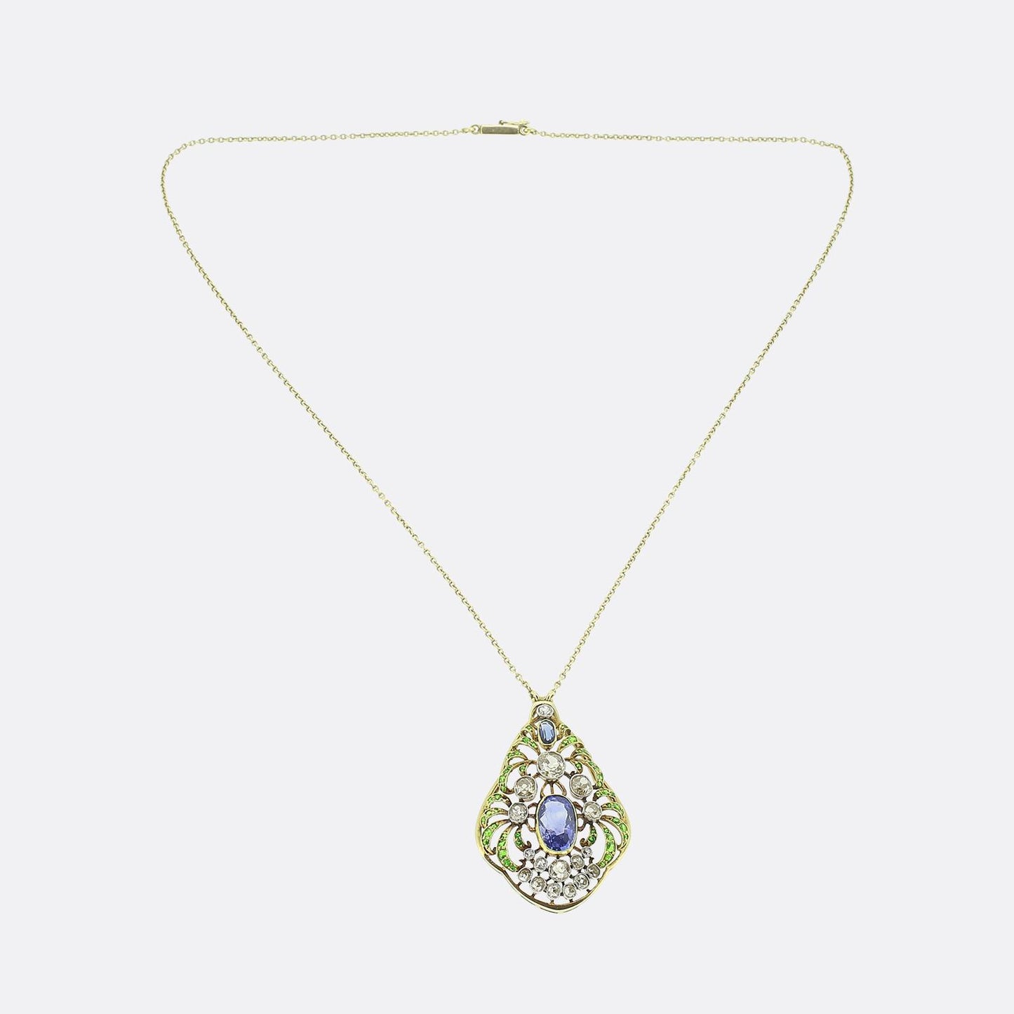 Art Nouveau Sapphire Diamond and Demantoid Garnet Pendant Necklace