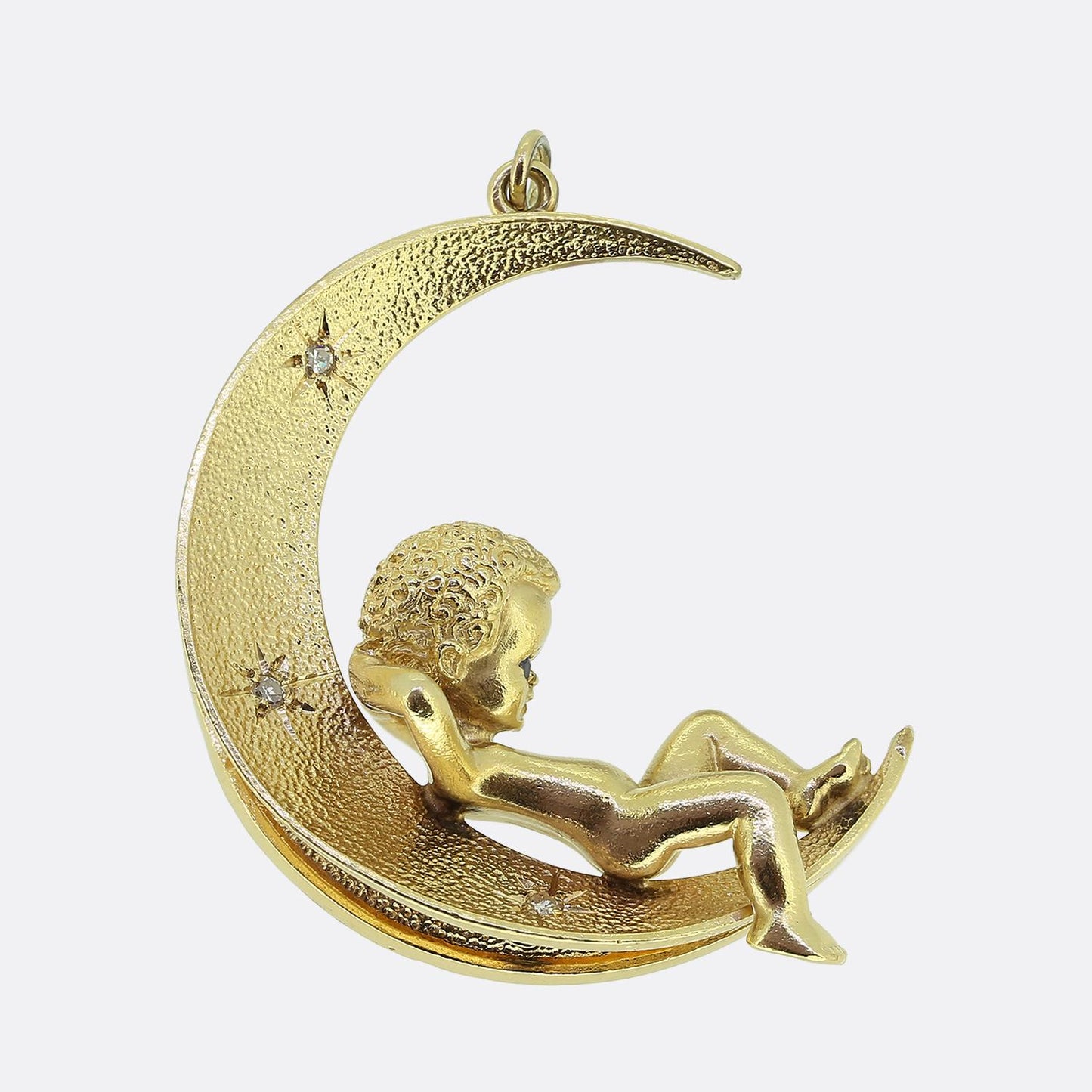 Vintage Boy on the Moon Sapphire and Diamond Crescent Pendant