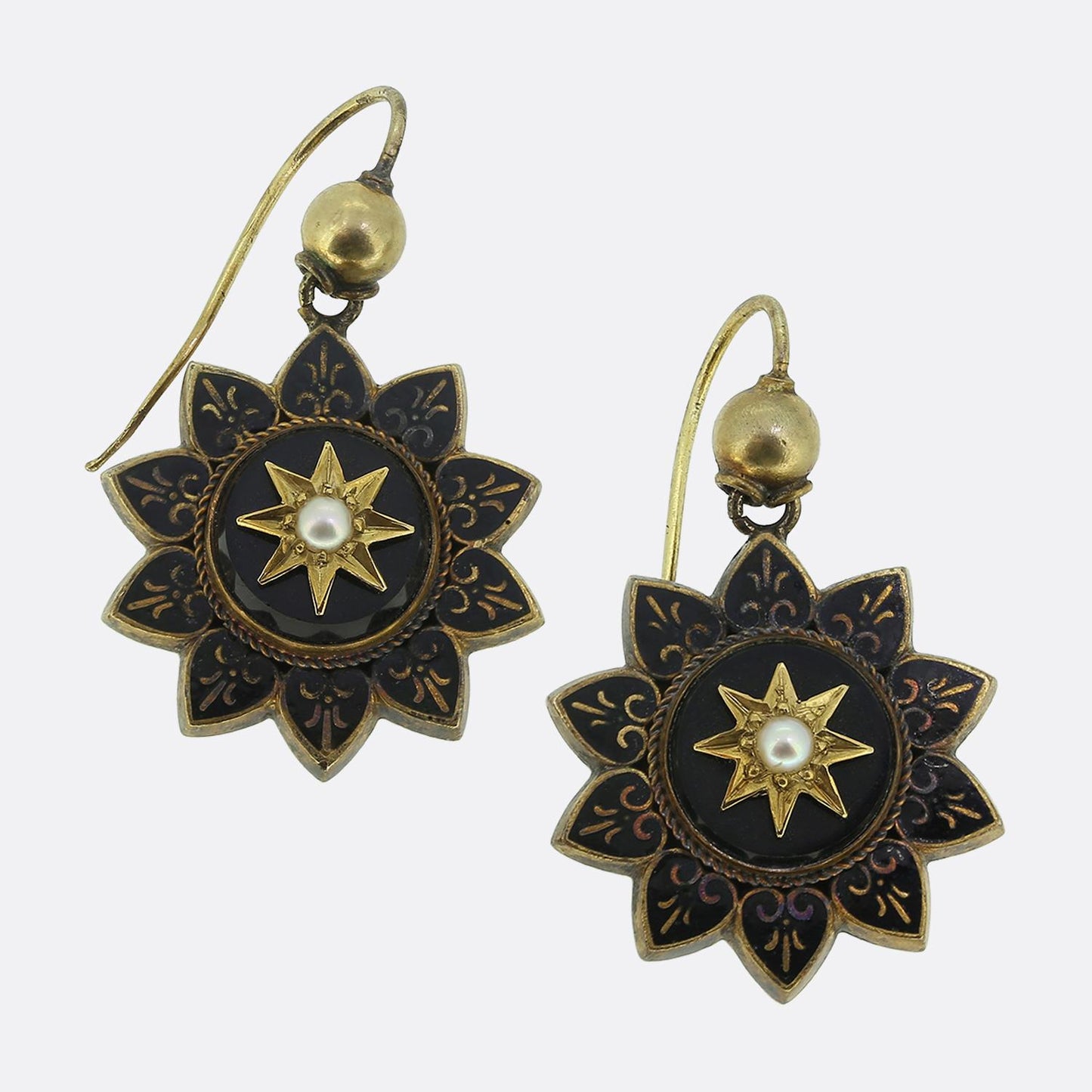 Antique Black Enamel Onyx Pearl Earrings