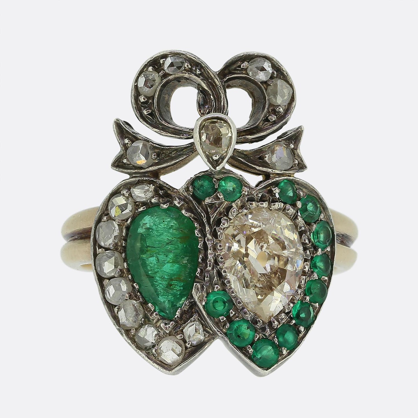 Victorian Emerald and Diamond Double Heart Ring