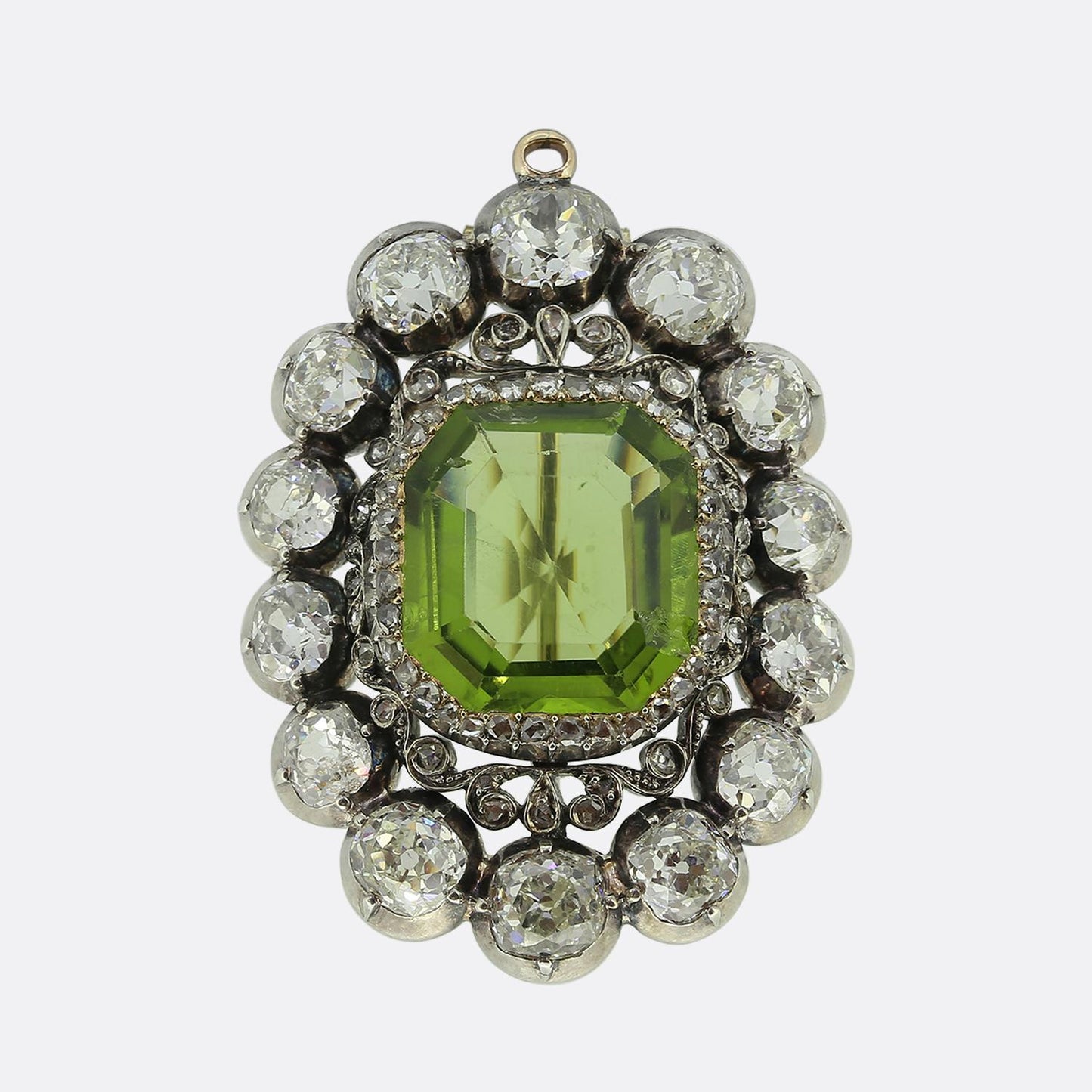 Antique 14.00 Carat Peridot and Diamond Brooch Pendant