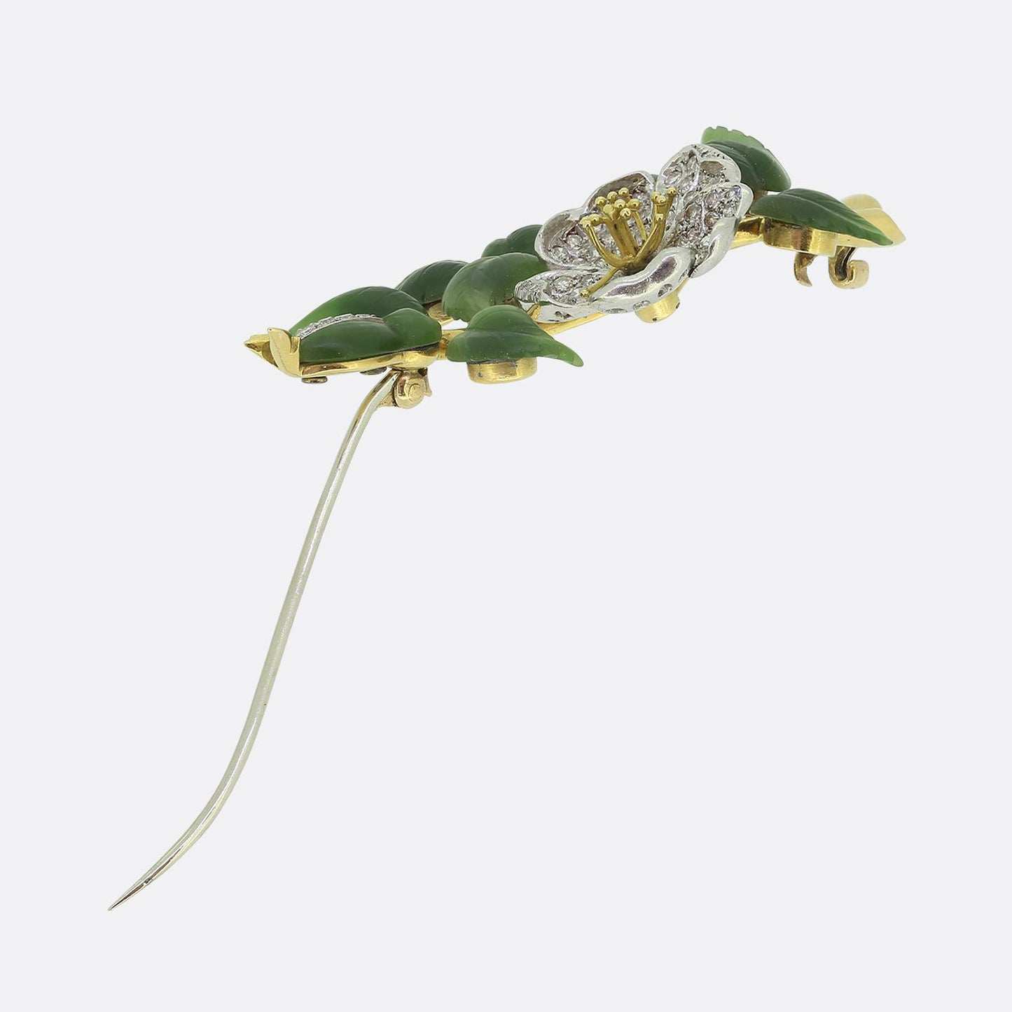 Antique Carrington Diamond and Nephrite Jade Floral Brooch