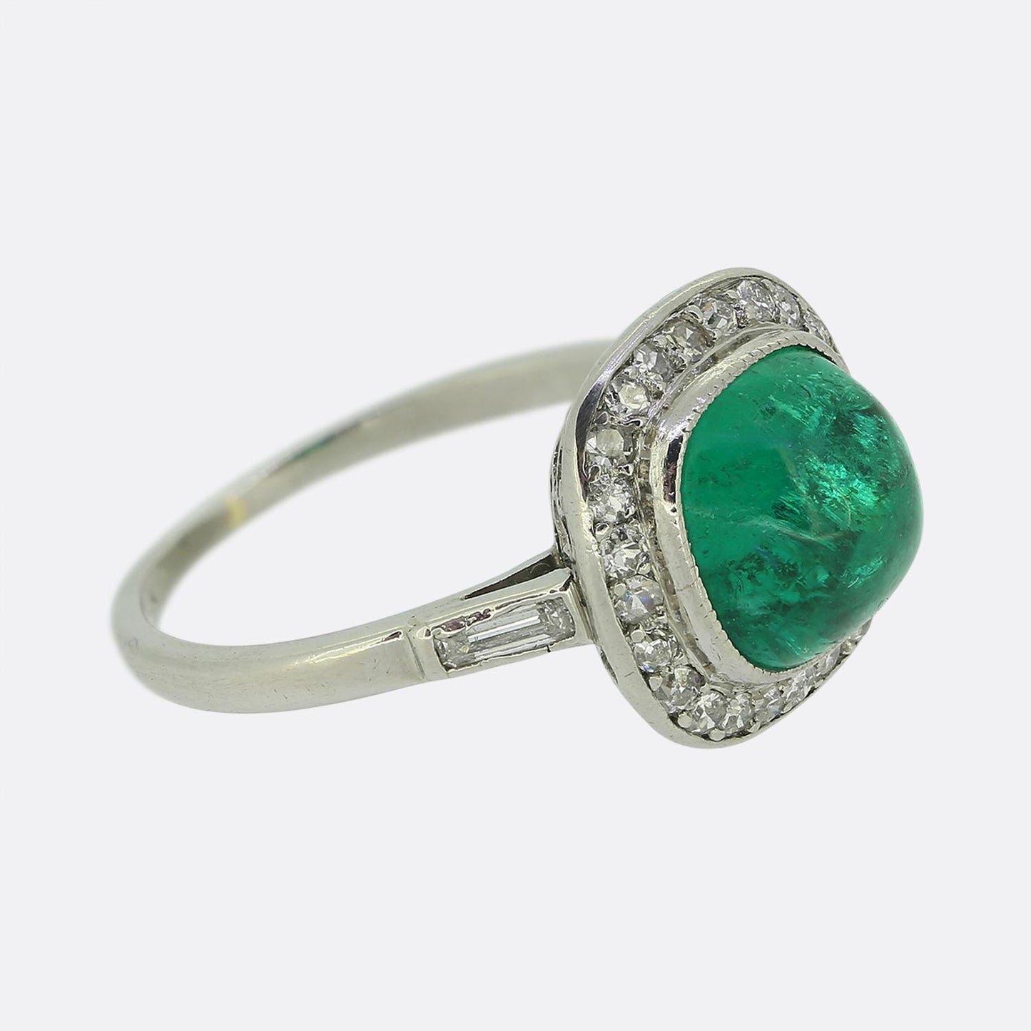 Art Deco French Cabochon Emerald and Diamond Ring