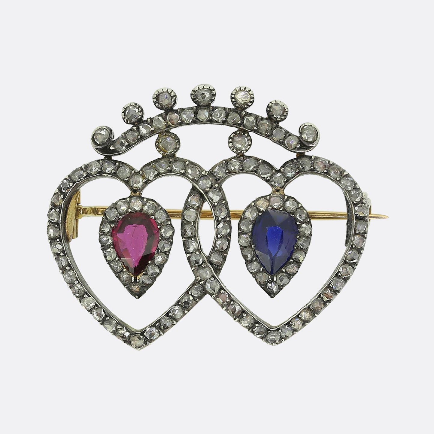 Georgian Ruby Sapphire and Diamond Love Heart Brooch